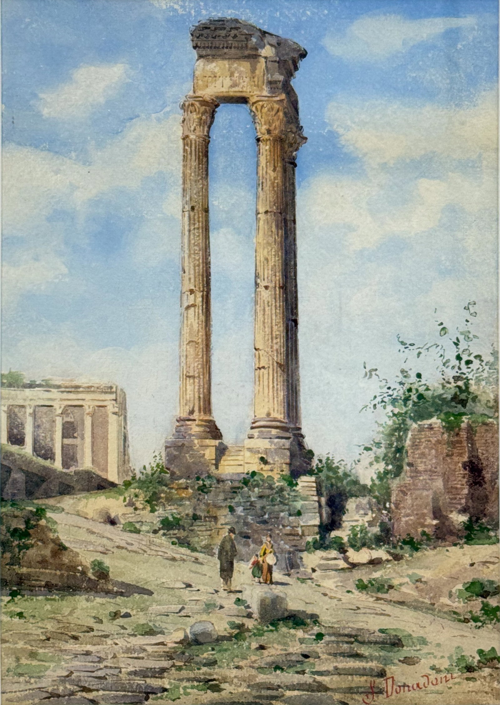 Stefano Donadoni "Ruins of The Roman Forum" 19thC Watercolor Painting: Stefano Donadoni (Italian, 1844-1911), watercolor on paper. Signed "S. Donadoni" lower right. Very good sight condition. Approx. sight size 15" x 10 1/2". Framed, matted, and sealed. Unexamined out of