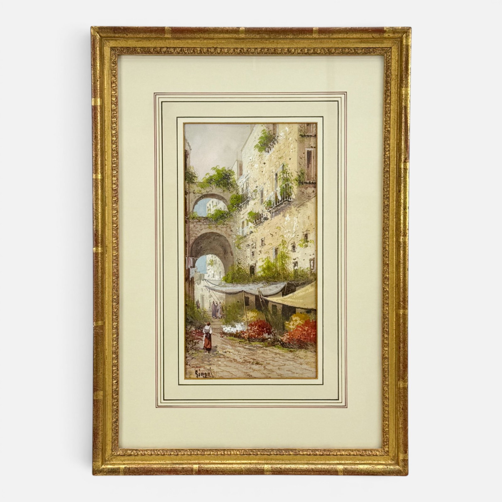 Gianni 19thC Italian Town Scene Watercolor Gouache Painting: Gianni (Italian, 19thC.), watercolor and gouache on paper. Signed "Gianni" lower left. Very good sight condition. Approx. sight size 11" x 5 1/2". Framed, matted, and sealed. Unexamined out of frame. 