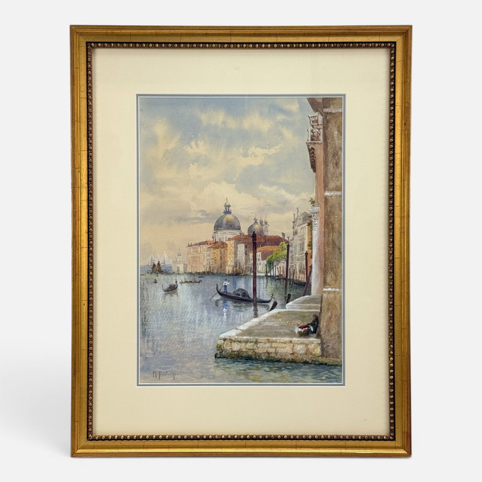 Autore Furlanger 1905 Venetian Grand Canal Scene Watercolor Painting: Signed lower left. Very good sight condition. Approx. sight size 13 3/4" x 9 3/4". Framed, matted, and sealed. Unexamined out of frame. For shipping, we highly recommend Donald Camden at UPS Store 460
