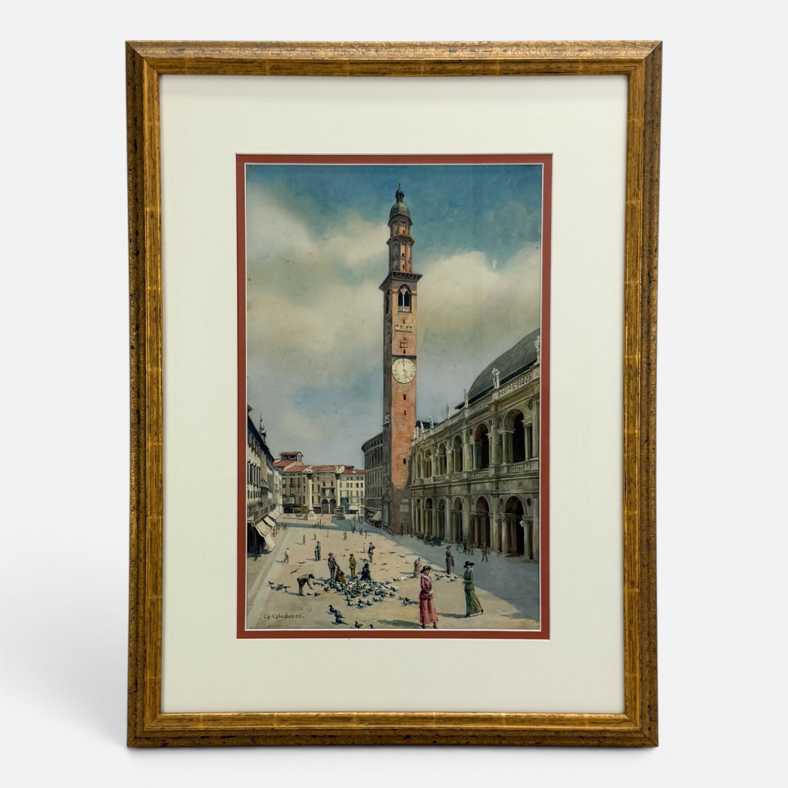 Giuseppe Gheduzzi Piazza dei Signori Scene Watercolor Gouache Painting: Giuseppe Gheduzzi (Italian, 1889-1957), gouache and watercolor on paper. Signed "G. Gheduzzi" lower left. Approx. sight size 17 3/4" x 11 1/4". For shipping, we highly recommend Donald Camden at UPS S