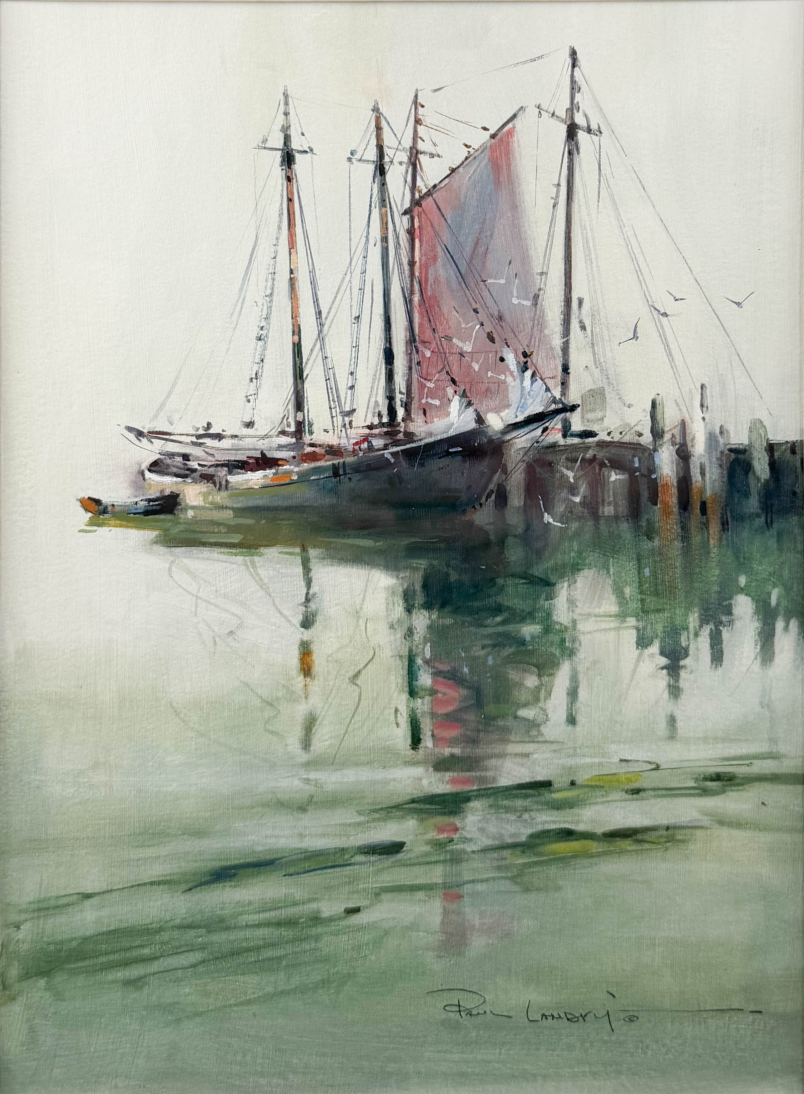 Paul Landry Sailboats at Harbor Scene Gouache Painting (1 of 7)