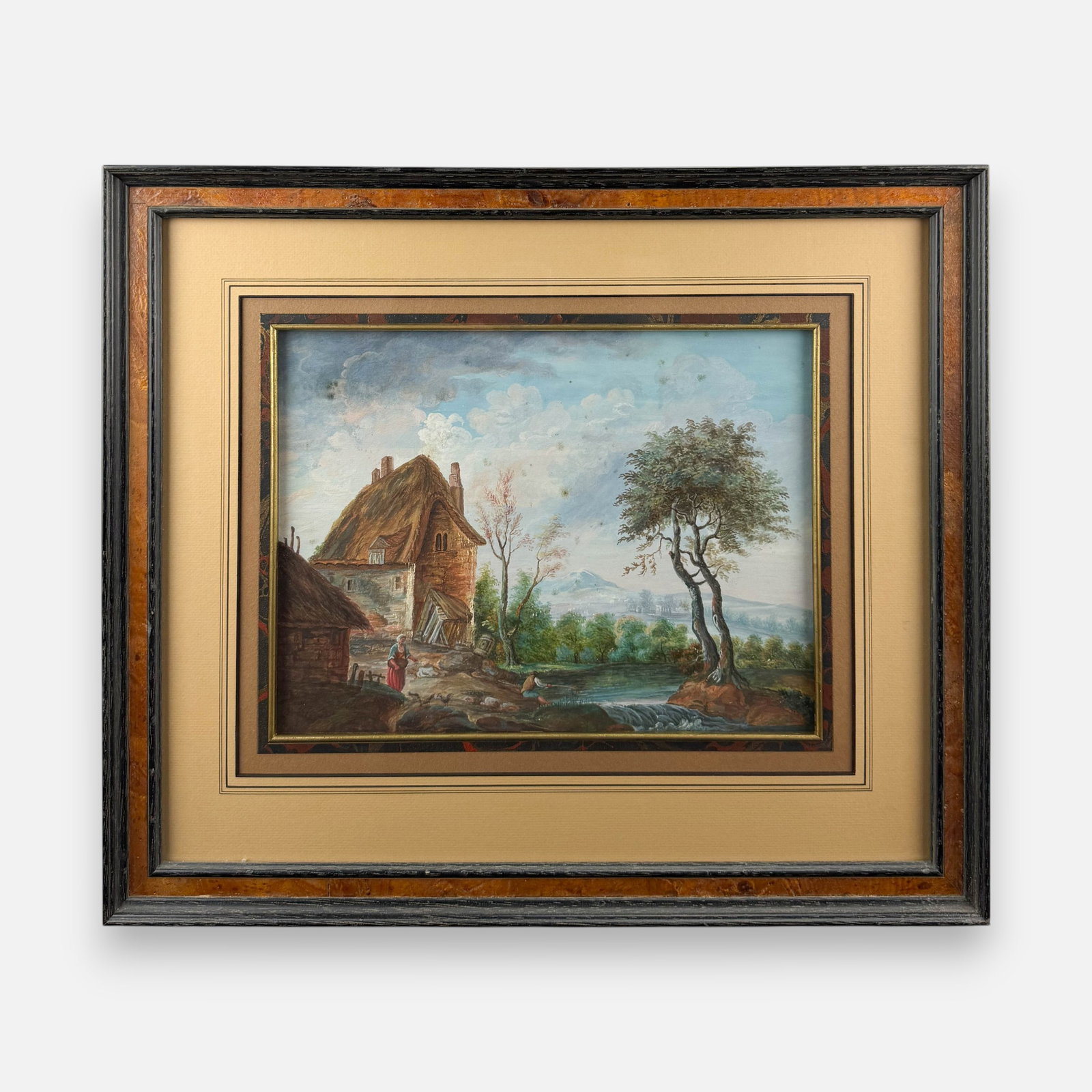 Antique Italian Pastoral Landscape Watercolor on Paper Painting: Ca. 19thC. Overall good, with shown discoloration to sky, issue to paper near roosters. Approx. sight size 9" x 12". Framed, matted, and sealed. Unexamined out of frame. For shipping, we highly recomm