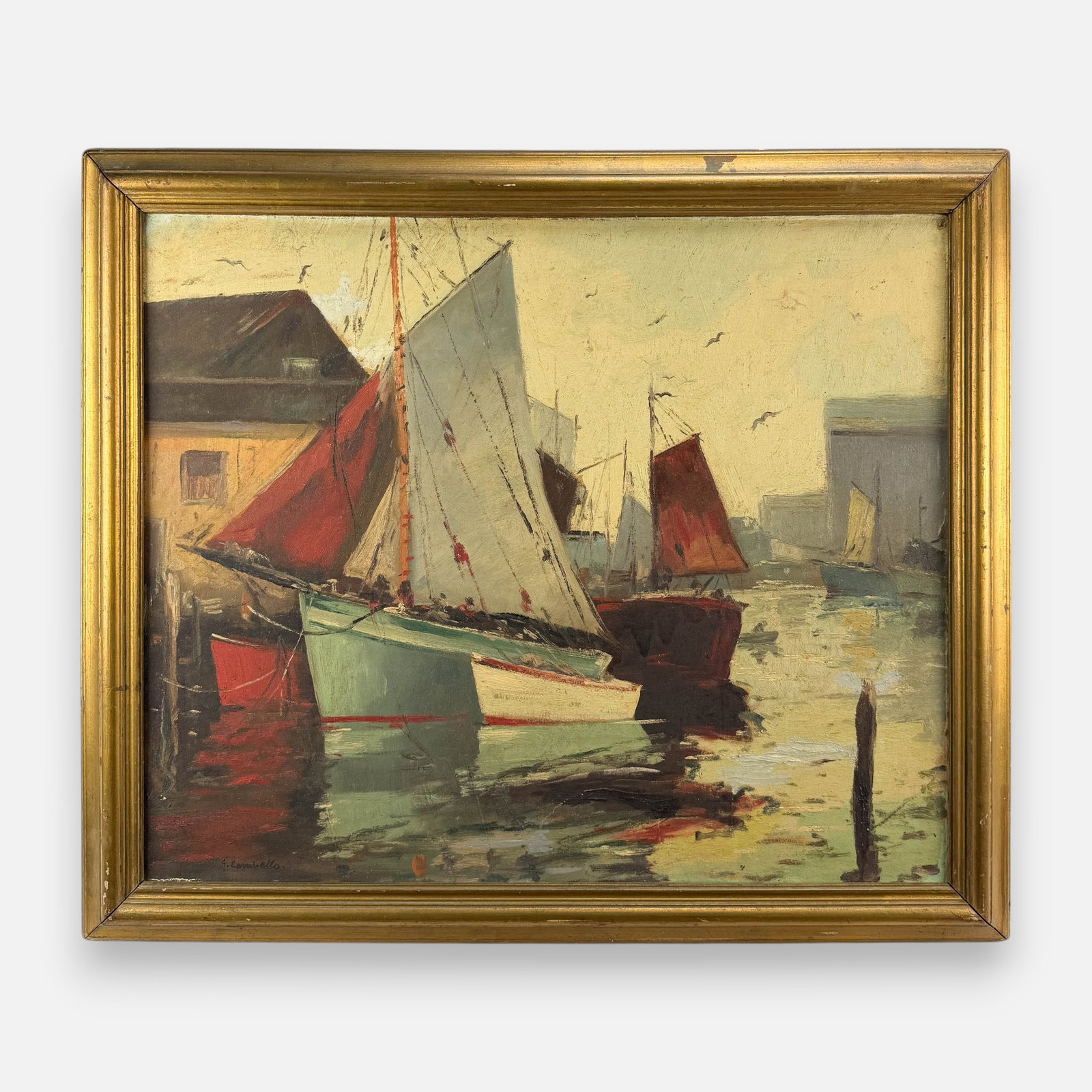Impressionist Painting "Sailboats at the Harbor Docks" Waterscape Oil on Board by G.Cambello (1 of 5)
