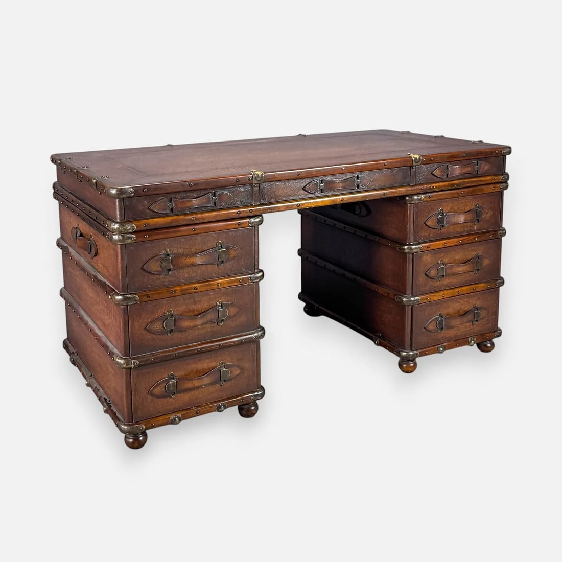 Vintage British Colonial Style Faux Luggage Kneehole Desk 3-Pieces