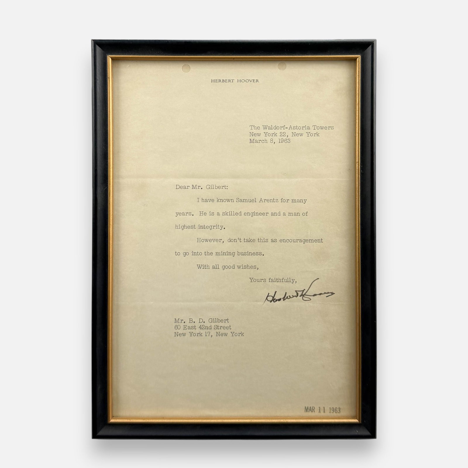 Herbert Hoover Signed 1963 Typed Letter Framed: Signed as shown. Very good condition. For shipping, we highly recommend Donald Camden at UPS Store 4608. Alternatively, reach out to one of our preferred shippers listed at the link below or elect for