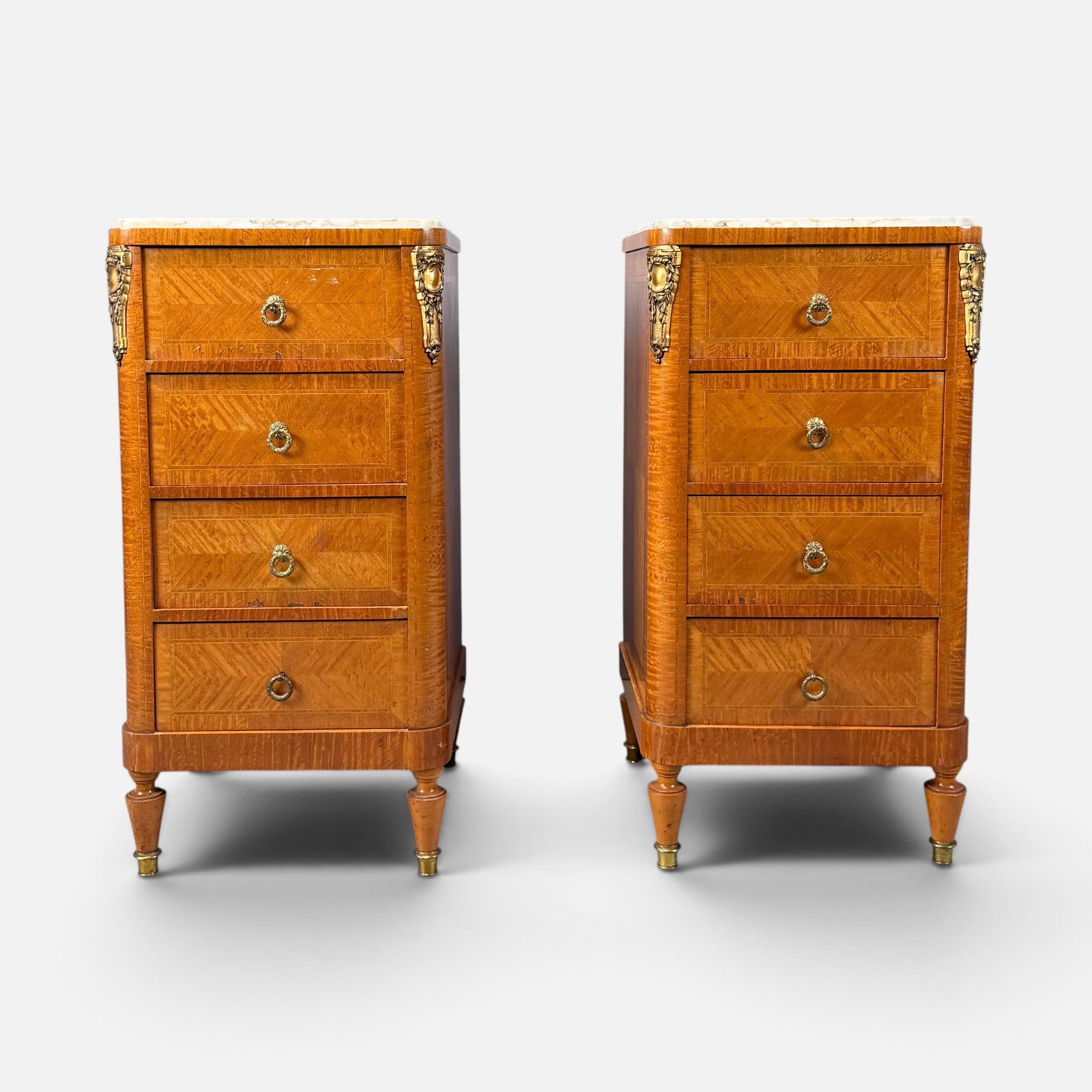 Pair Antique Early 20thC Inlaid Nightstand Commodes w/Marble Tops (1 of 7)