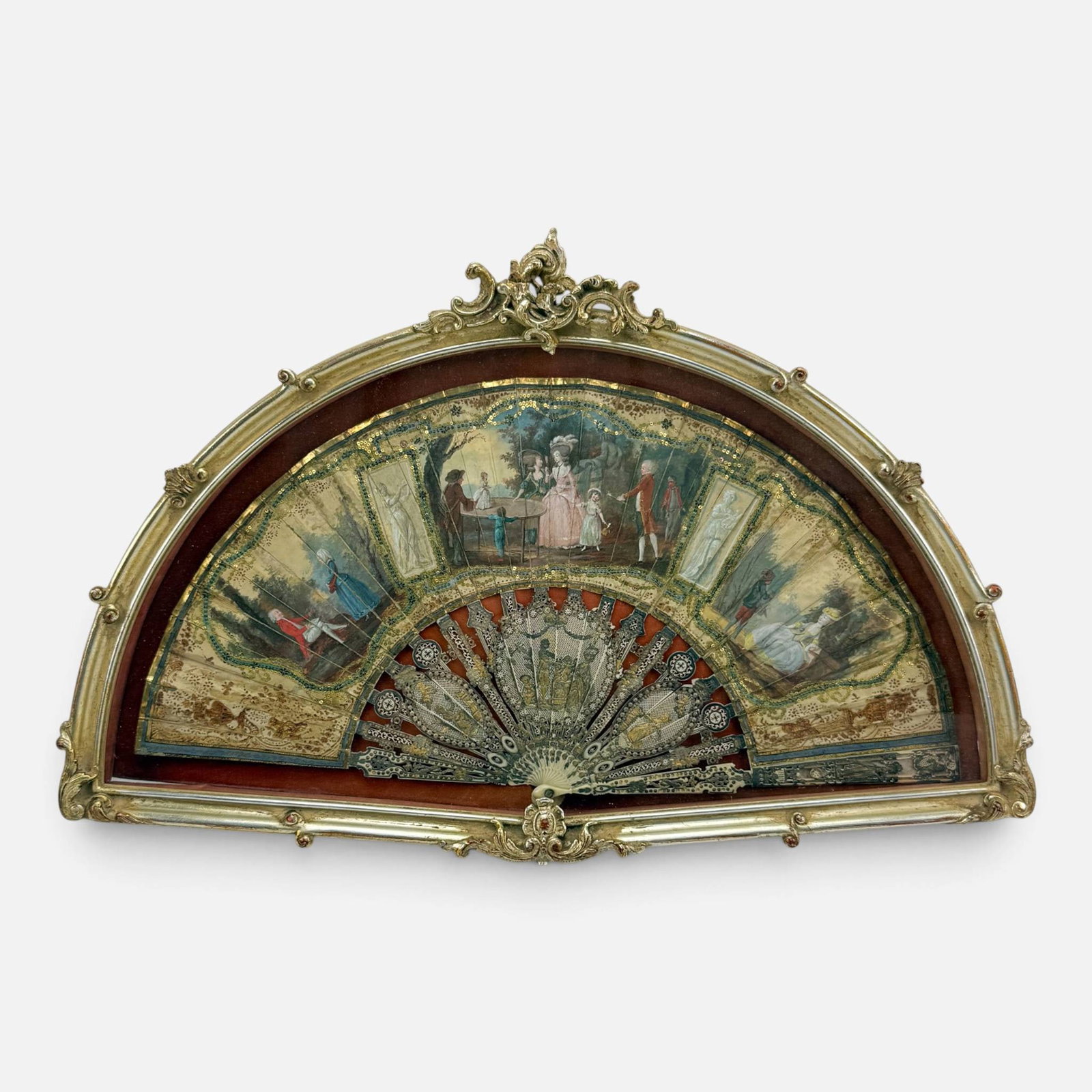 Antique French Painted Silk Fan w/Aristocratic Scenes Framed