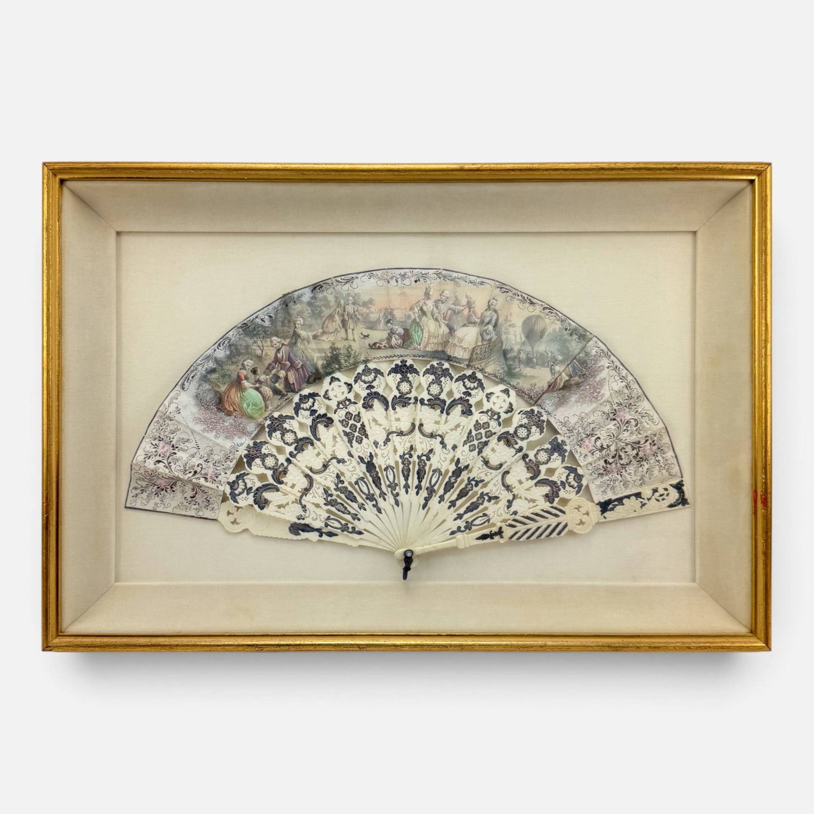Antique Painted Silk Fan w/Hot Air Balloon Scene Framed