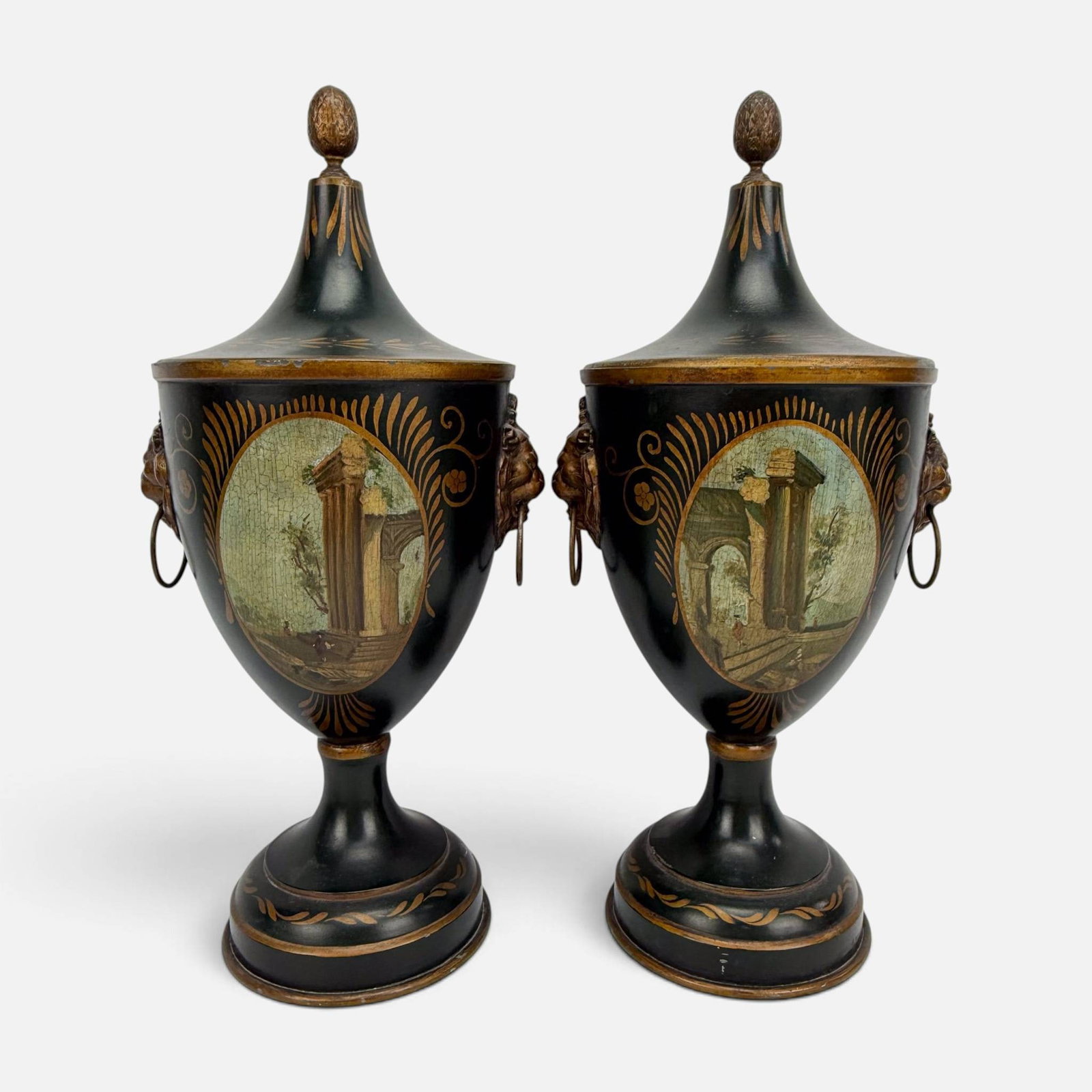 Pair Gilt Decorated Tole Urns w/Roman Ruin Paintings (1 of 16)
