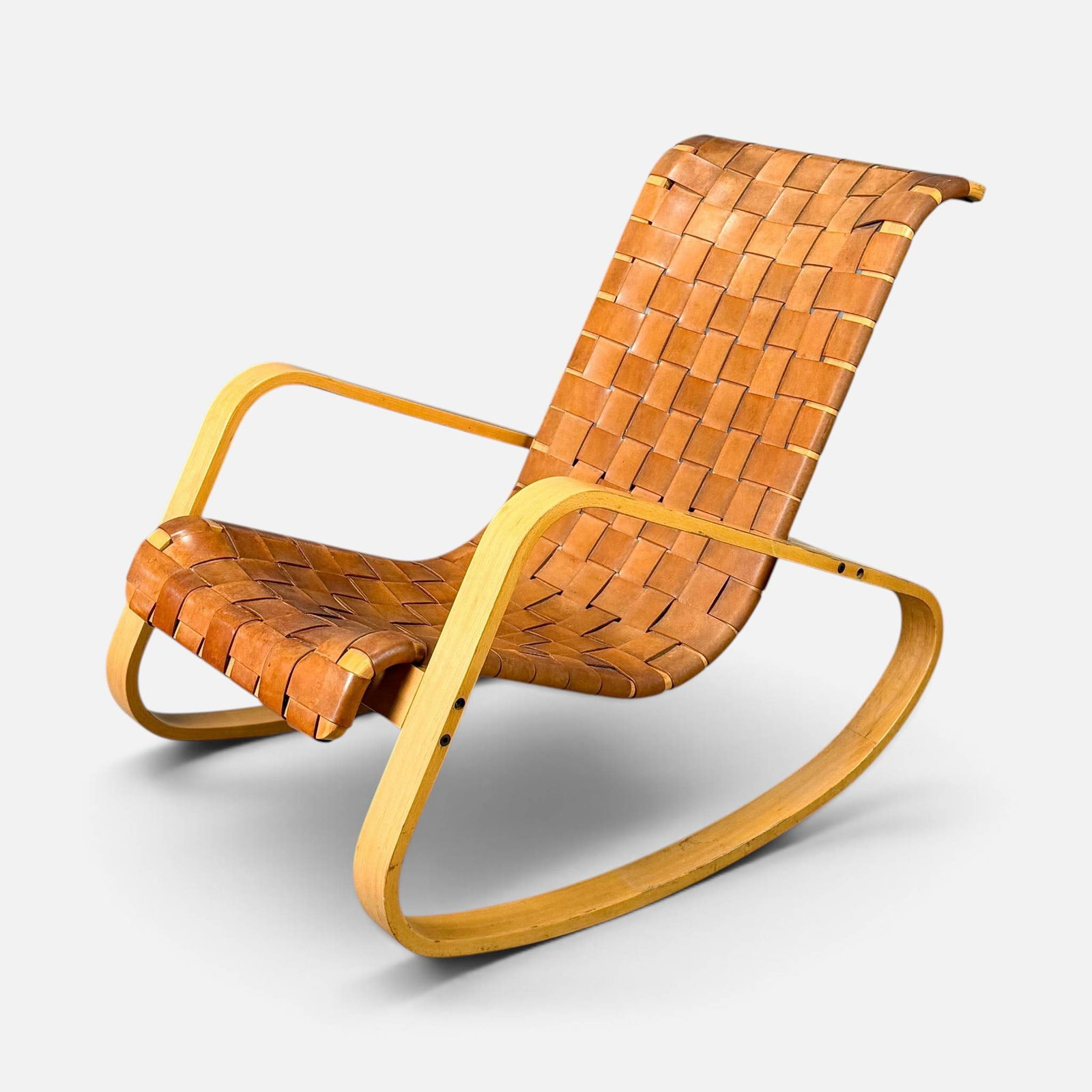 Luigi Crassevig 'Dondolo' Bentwood Ash and Woven Leather Rocker Chair (1 of 8)