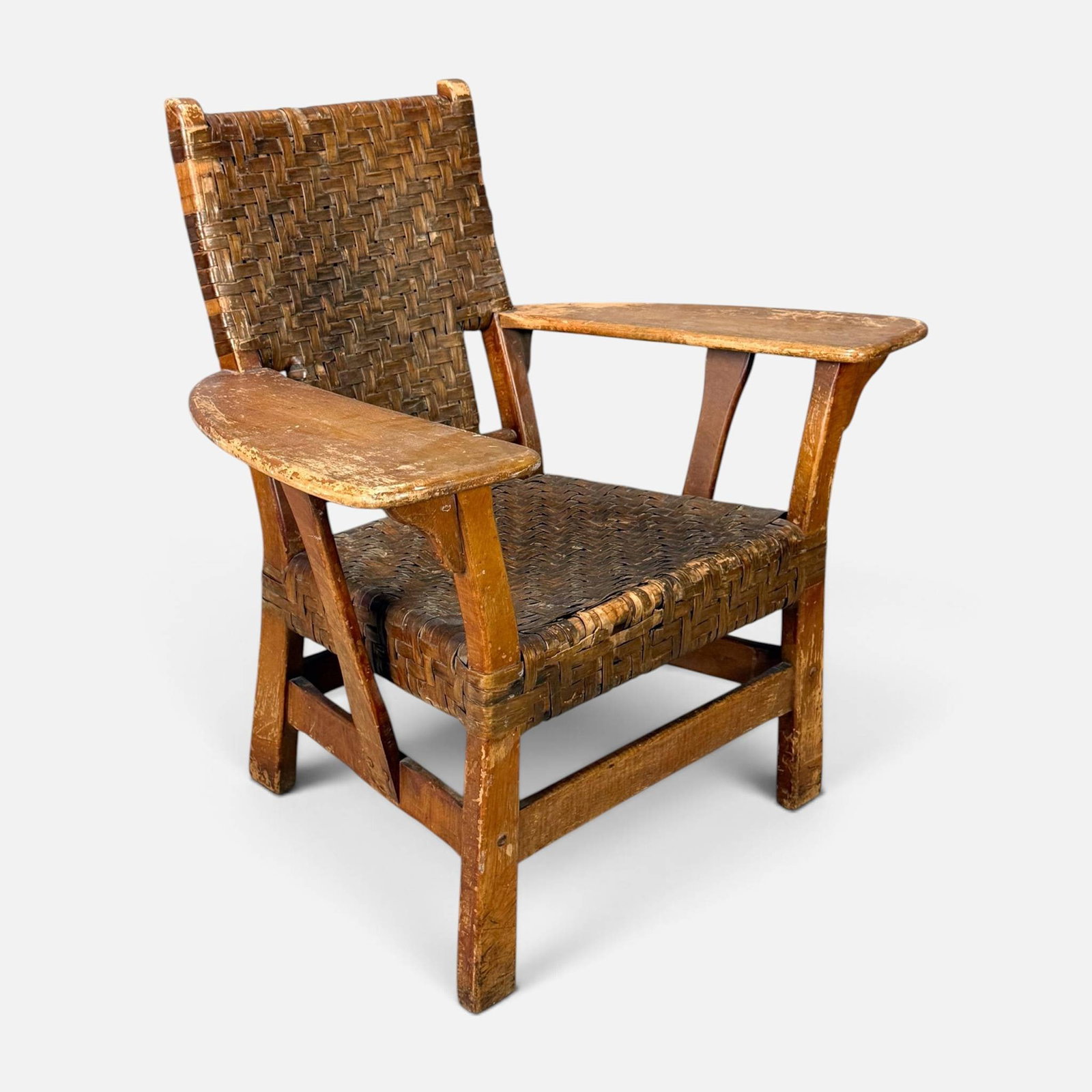 American Rustic Arts & Crafts Wood Lounge Chair w/Woven Rush Seat (1 of 15)