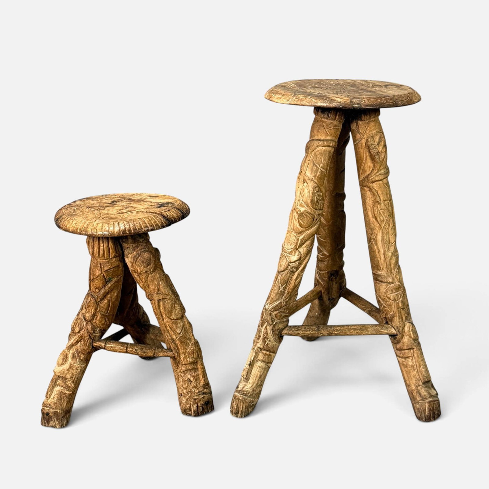 Two Haitian Folk Art Hand Carved Brutalist Wood Short and Tall Stools (1 of 19)