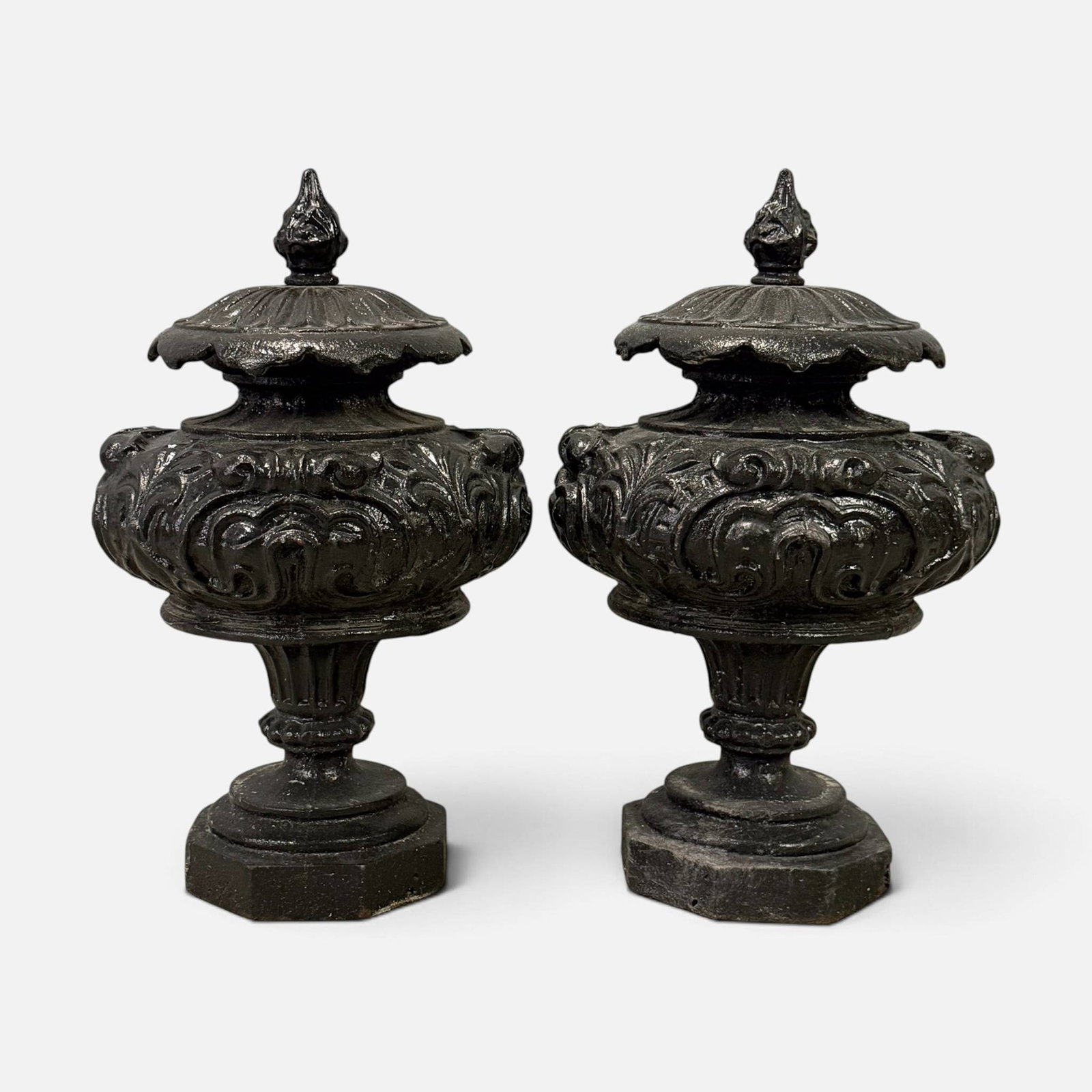 Pair Antique 19thC Victorian Cast Iron Lidded Finial Urns: Ca. last half 19thC. See losses, rust. For shipping, we highly recommend Donald Camden at UPS Store 4608. Alternatively, reach out to one of our preferred shippers listed at the link below or elect fo