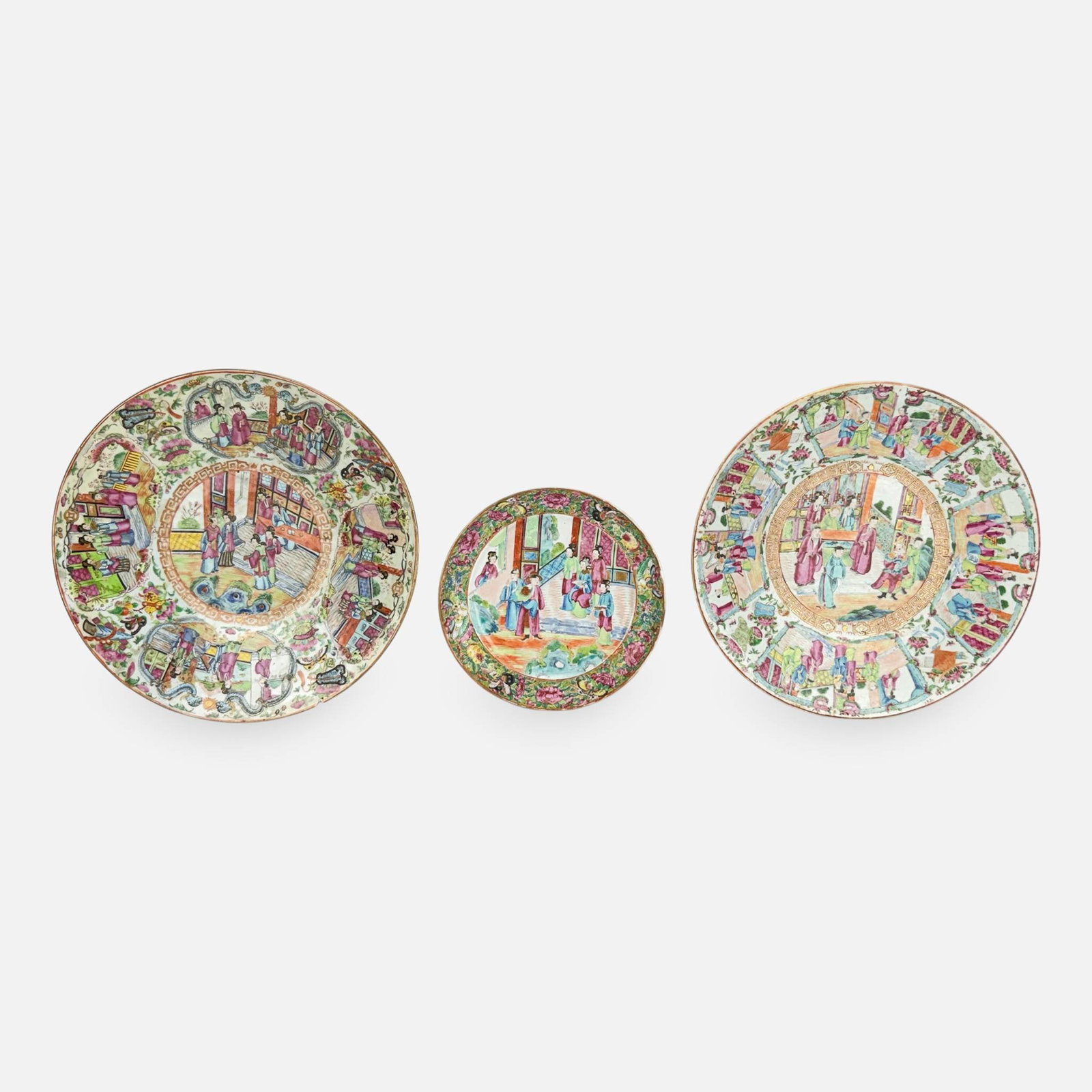 Chinese Rose Medallion Chargers and Plate: Charger without cracks or repairs measures approx. 2 1/4" by 14 3/4", plate measures approx. 1 1/2" by 10". For shipping, we highly recommend Donald Camden at UPS Store 4608. Alternatively, reach out