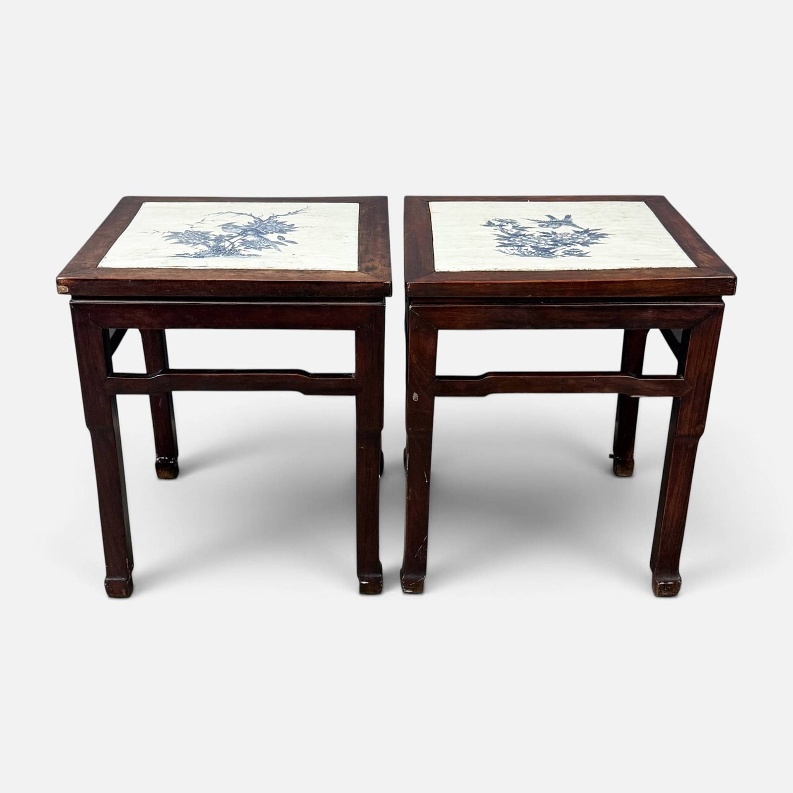 Pair Chinese Hardwood Side Tables w/Inset Painted Porcelain Tile Tops (1 of 12)