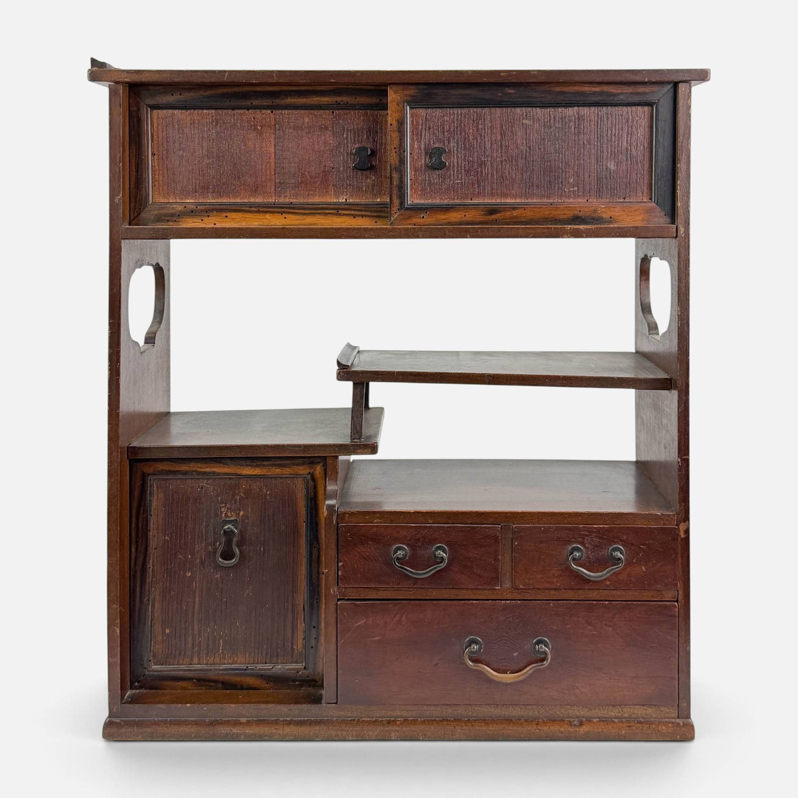 Small Antique 19thC Japanese Meiji Cha Tansu Wood Table Top Tea Cabinet: Ca. last half 19th to early 20thC. Likely elmwood. Small glue repairs, however no cracks or breaks. For shipping, we highly recommend Donald Camden at UPS Store 4608. Alternatively, reach out to one