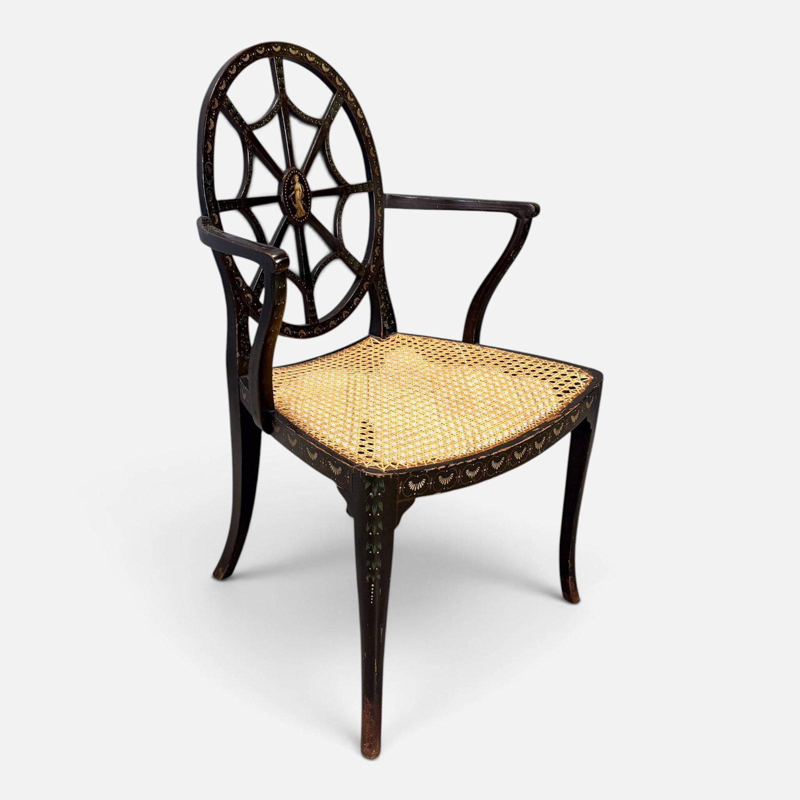 Venetian Style Hand Painted Wood Spiderweb Back Armchair: Good age-appropriate condition, with shown discoloration to feet, surface wear. For shipping, we highly recommend Donald Camden at UPS Store 4608. Alternatively, reach out to one of our preferred