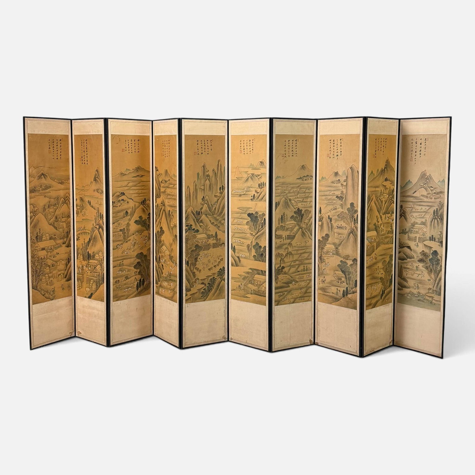 Antique 19thC Chinese Ten-Panel Hand Painted Folding Screen Room Divider: Good age-appropriate condition, with some discoloration, creasing, and tears. Each painting measures approx. 47" x 12". Measures approx. H: 65", W: 142 1/2", D: 2" extended. For shipping, we highly
