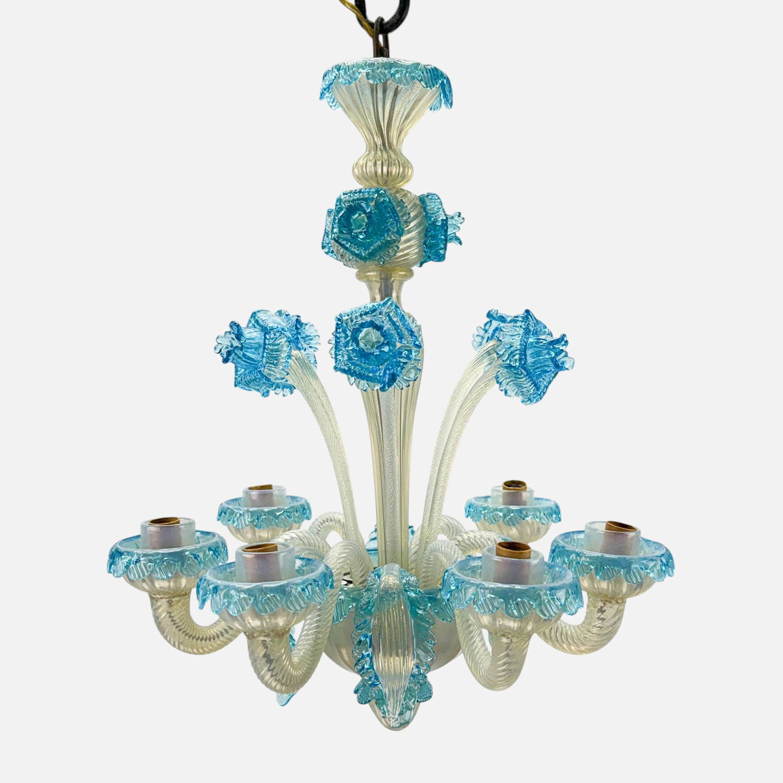 Vintage Six-Light Murano Italian Art Glass Blue & Clear Chandelier (1 of 8)
