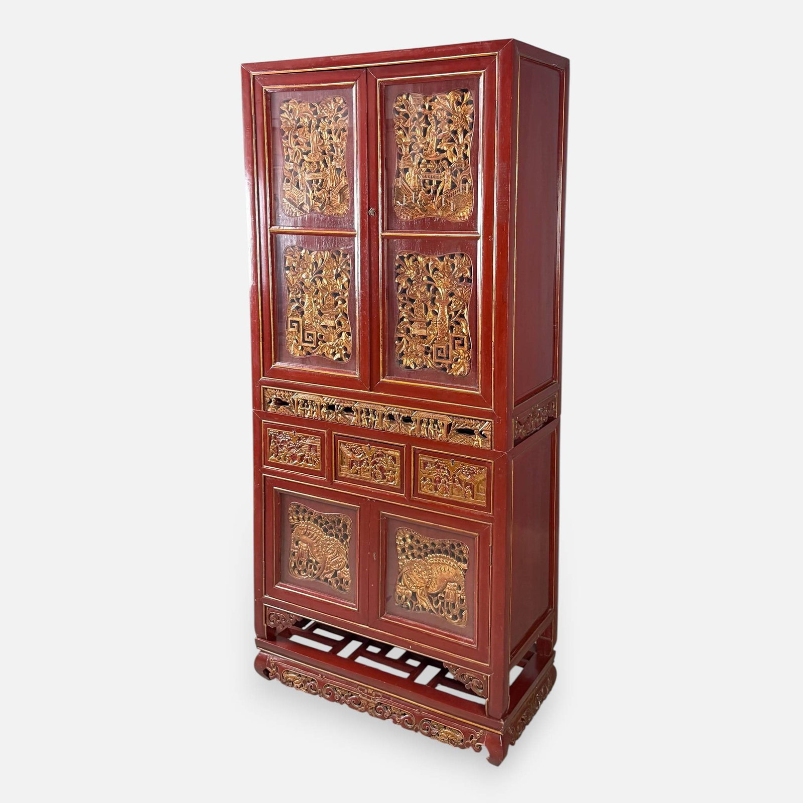 Asian Carved & Painted Wood Chest on Stand: Measures approx. H: 71", W: 31 1/2", W: 15 1/2" overall. Bottom portion measures approx. 27 1/2" high. Top portion measures approx. 38 1/4". For shipping, we highly recommend Donald Camden at UPS