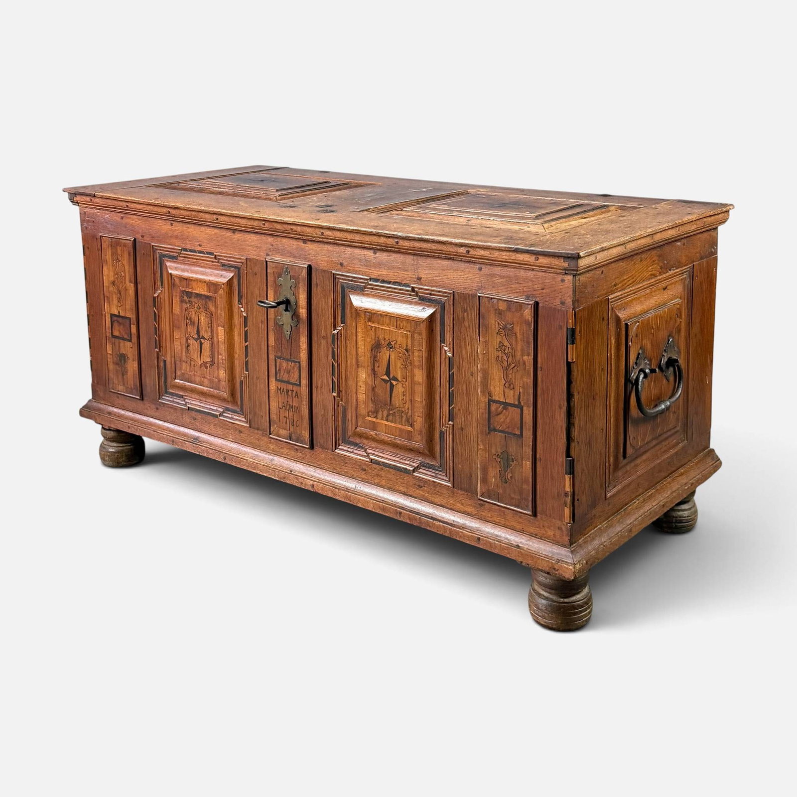 Antique 18thC Inlaid Dowry Chest: Dated 1786 as shown. Good, with age-appropriate surface wear, minor losses, repairs. For shipping, we highly recommend Donald Camden at UPS Store 4608. Alternatively, reach out to one of our