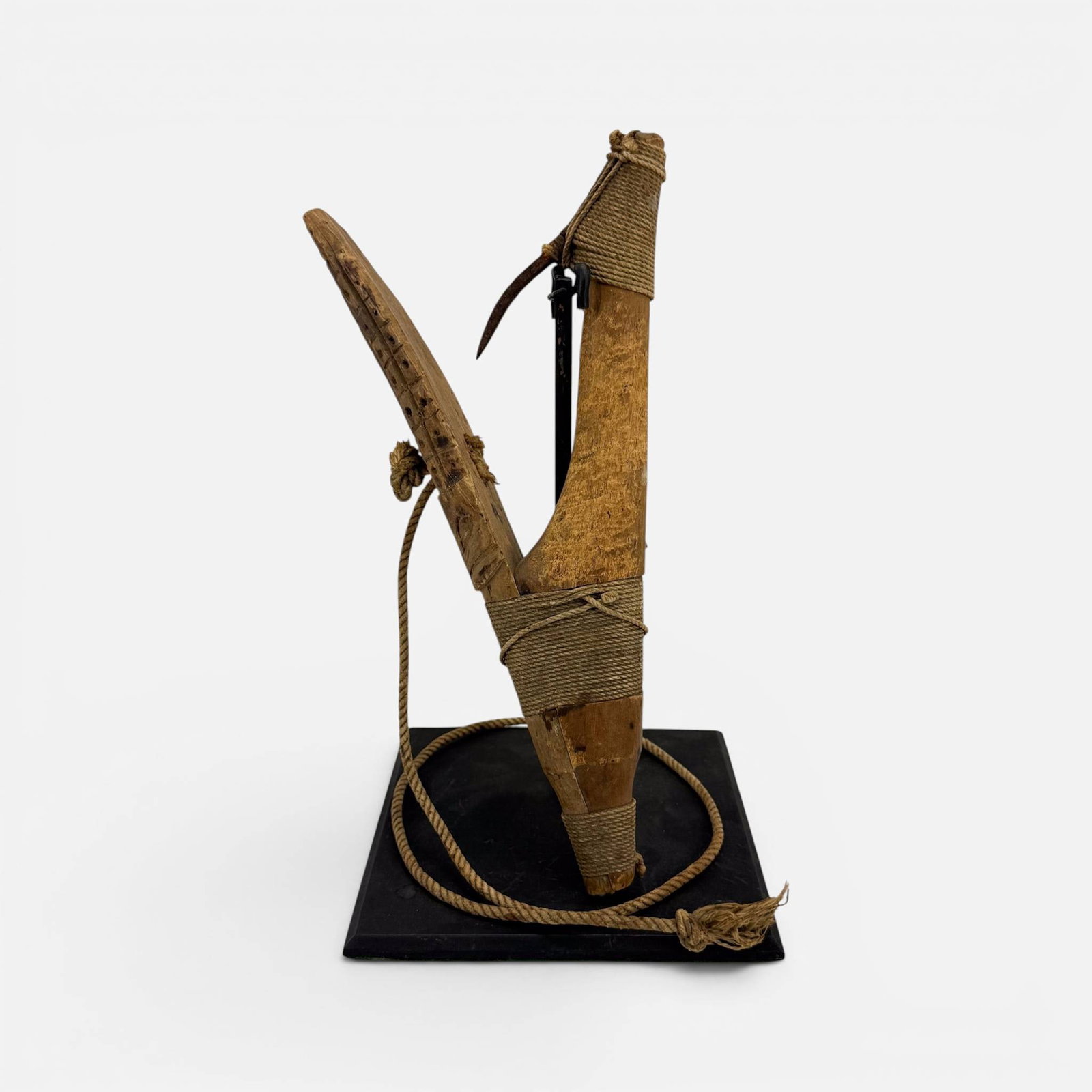 Antique Pacific Northwest Coast First Nations Tlingit Halibut Hook Tribal Fishing Gear: Ca. last half 19th to early 20thC. Good overall with no major breaks or repairs. The hook itself, not including the stand, measures approx. H: 10 1/2", W: 5 1/2". D: 2". For shipping, we highly