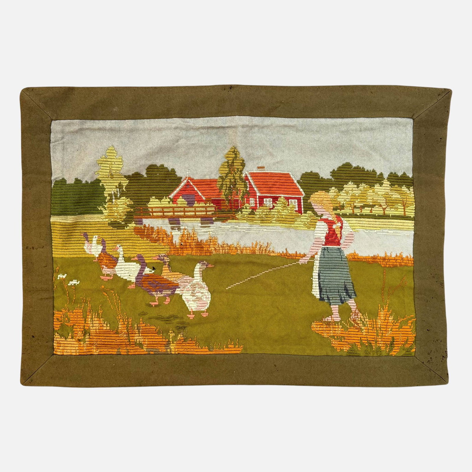 Wool Embroidery Wall Hanging Danish Cottage w/Woman Herding Geese: Ca. last half 20thC. For shipping, we highly recommend Donald Camden at UPS Store 4608. Alternatively, reach out to one of our preferred shippers listed at the link below or elect for LiveShipping in 
