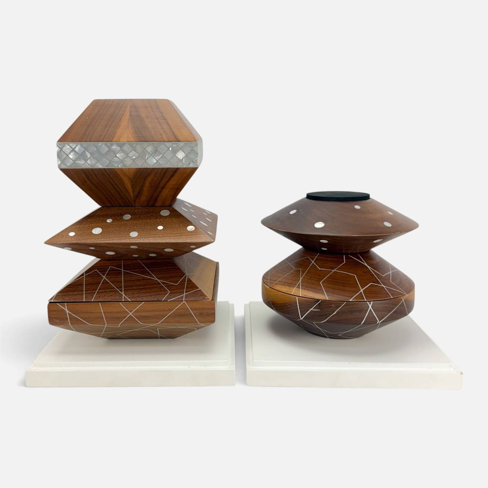 Two Middle Eastern Hardwood & Mother of Pearl Inlay Stacking Votive Candleholders/Boxes (1 of 13)