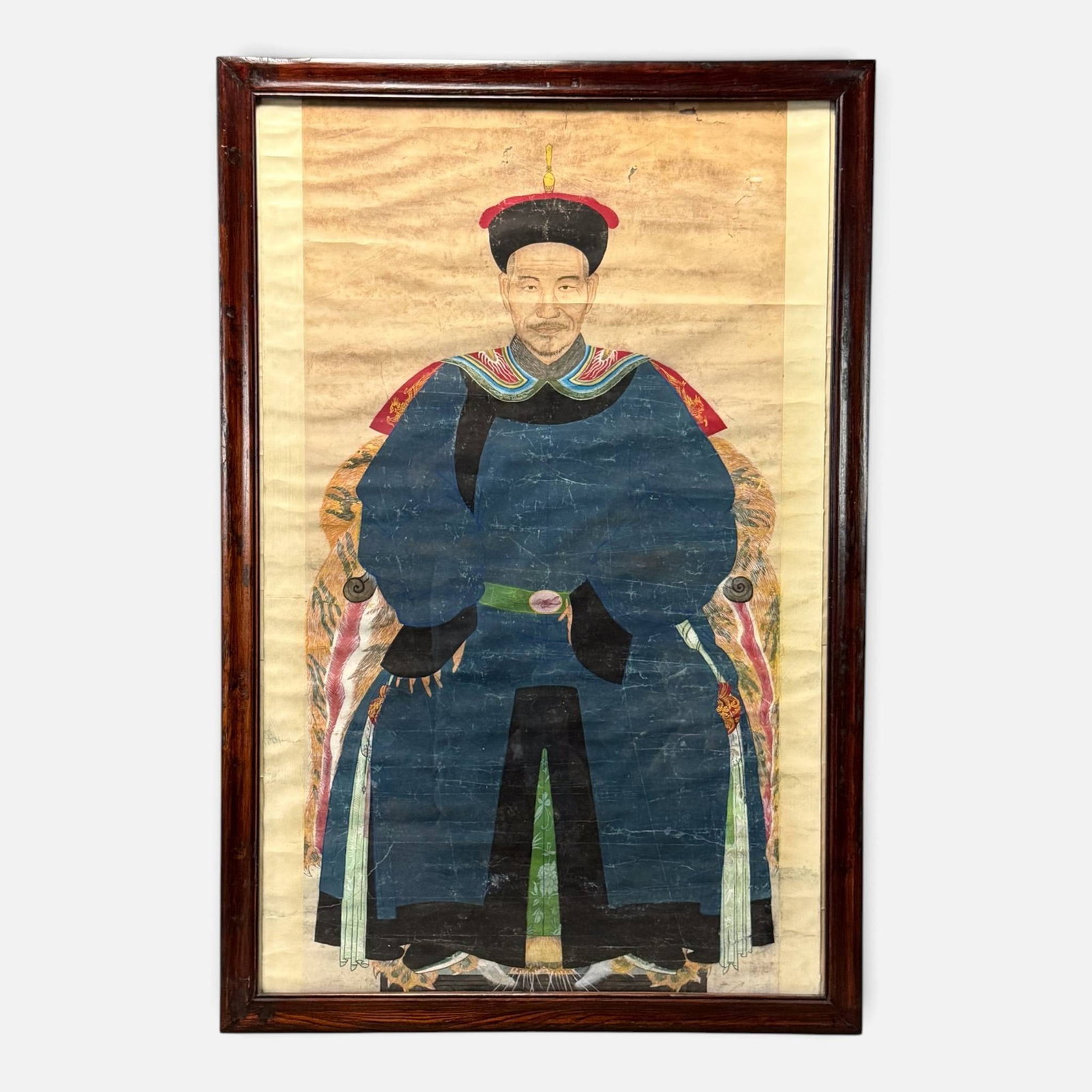 Antique 19thC Chinese Male Ancestor Portrait Painting: Sight size 59 3/4" x 38". For shipping, we highly recommend Donald Camden at UPS Store 4608. Alternatively, reach out to one of our preferred shippers listed at the link below or elect for LiveShippin