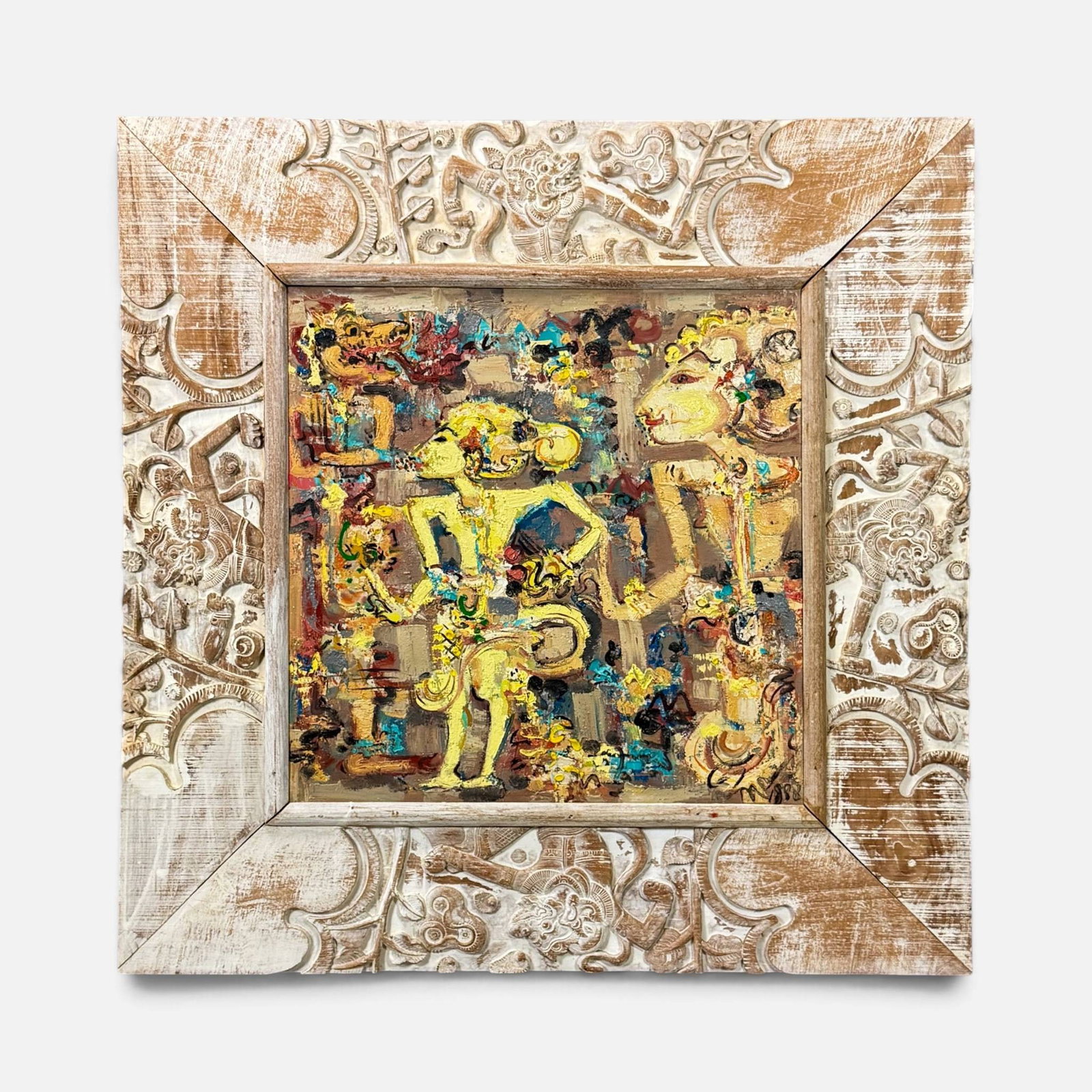 Nyoman Gunarsa 1988 Oil on Canvas Large Painting w/Hand Carved Frame: Nyoman Gunarsa (Indonesian, 1944-2017), 1988, oil on canvas. Canvas approx. size is 26 3/4" x 26 3/4". For shipping, we highly recommend Donald Camden at UPS Store 4608. Alternatively, reach out to on