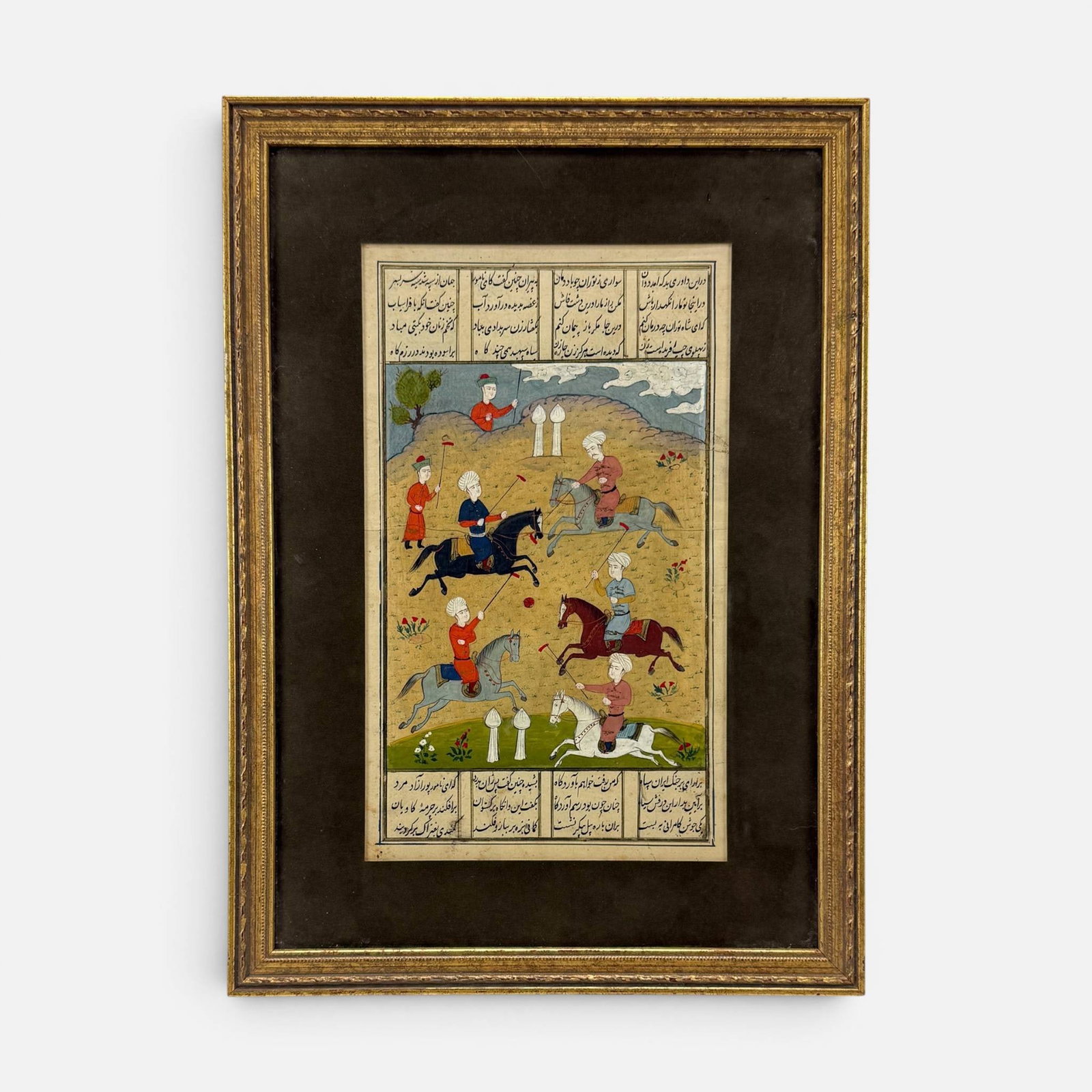 Antique Persian Illuminated Leaf Painting of Men Playing Polo on Horses: Good sight condition as shown. Unexamined out of frame. Approx. sight size 13" x 7 3/4". For shipping, we highly recommend Donald Camden at UPS Store 4608. Alternatively, reach out to one of our prefe