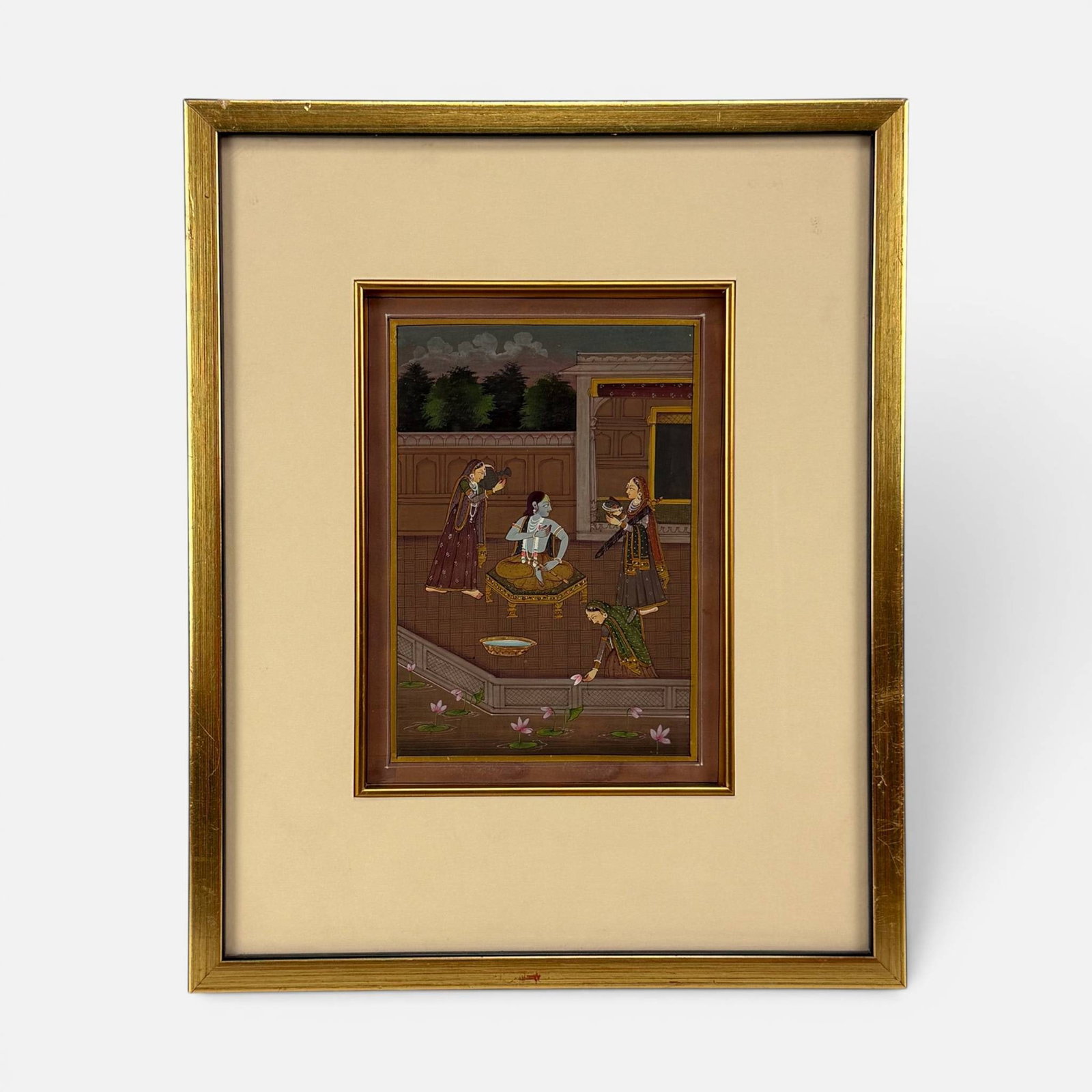 Antique Indian Painting of Lord Krishna w/Gopis: Very good sight condition. Unexamined out of frame. Approx. sight size 7 1/2" x 5 1/2". For shipping, we highly recommend Donald Camden at UPS Store 4608. Alternatively, reach out to one of our prefer