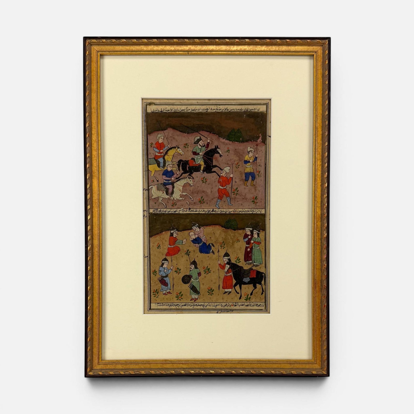 Antique Indo-Persian Illuminated Leaf Painting of Warriors on Horseback: Fair to good sight condition. Unexamined out of frame. Approx. sight size 12 1/4" x 7 1/4". For shipping, we highly recommend Donald Camden at UPS Store 4608. Alternatively, reach out to one of our