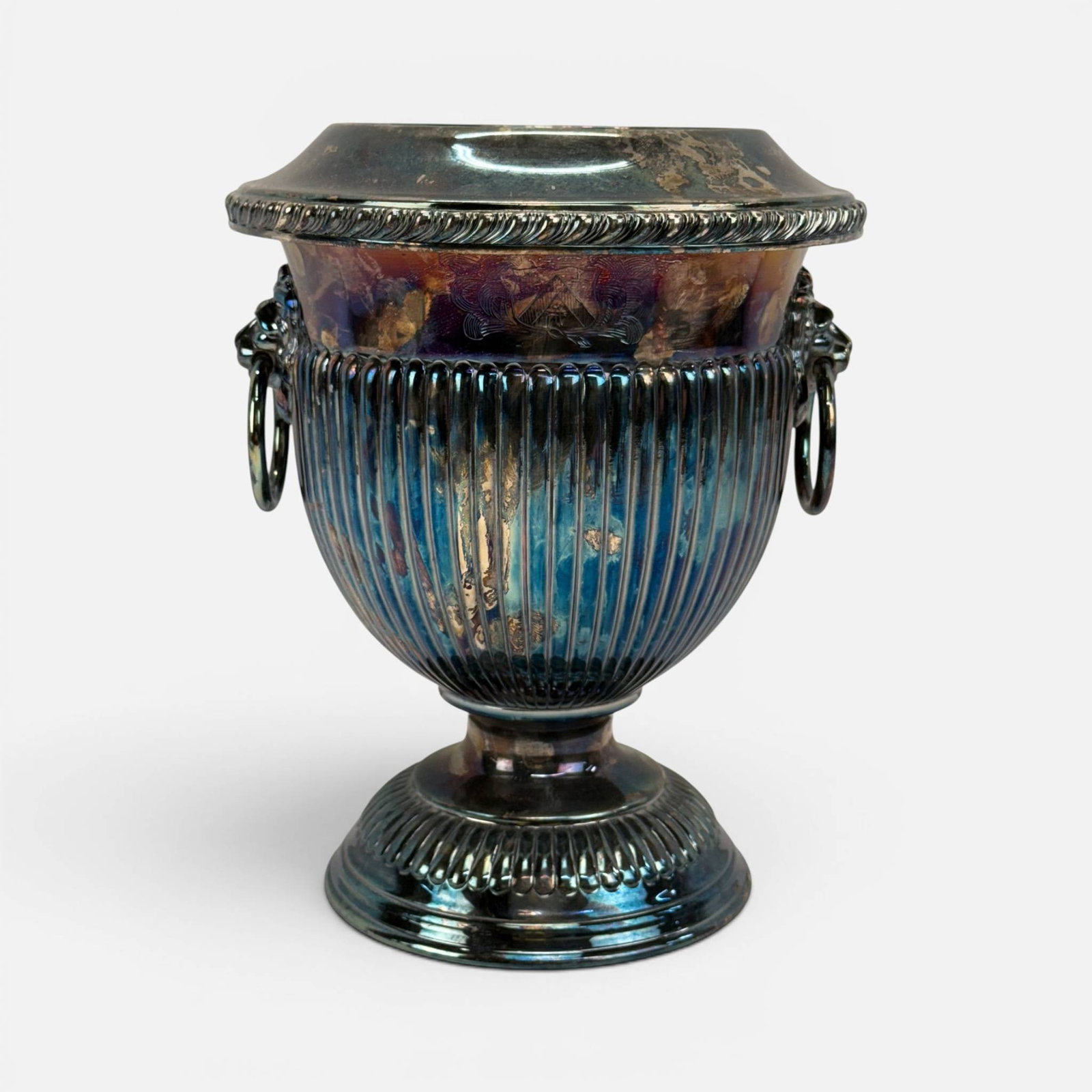 Vintage Neoclassical Style Silver Plate Wine Cooler Fluted Ice Bucket: Ca. first half 20thC. Neoclassical-style urn features a fluted body, a pedestal base, and dual lion-mask ring handles For shipping, we highly recommend Donald Camden at UPS Store 4608. Alternatively, 