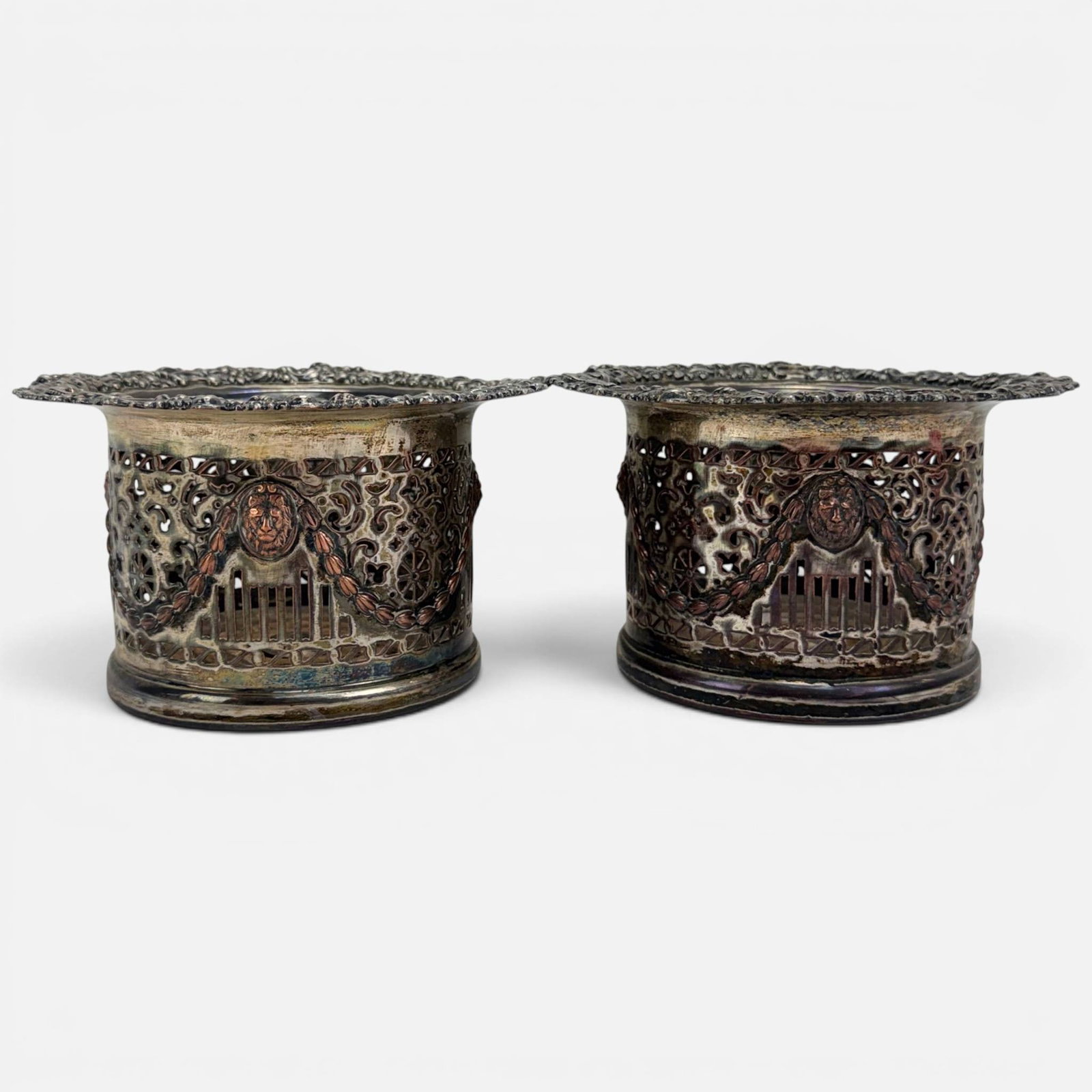 Pair Antique 19thC Silver on Copper Turned Wood & Pierced Basket Wine Bottle Coasters (1 of 10)