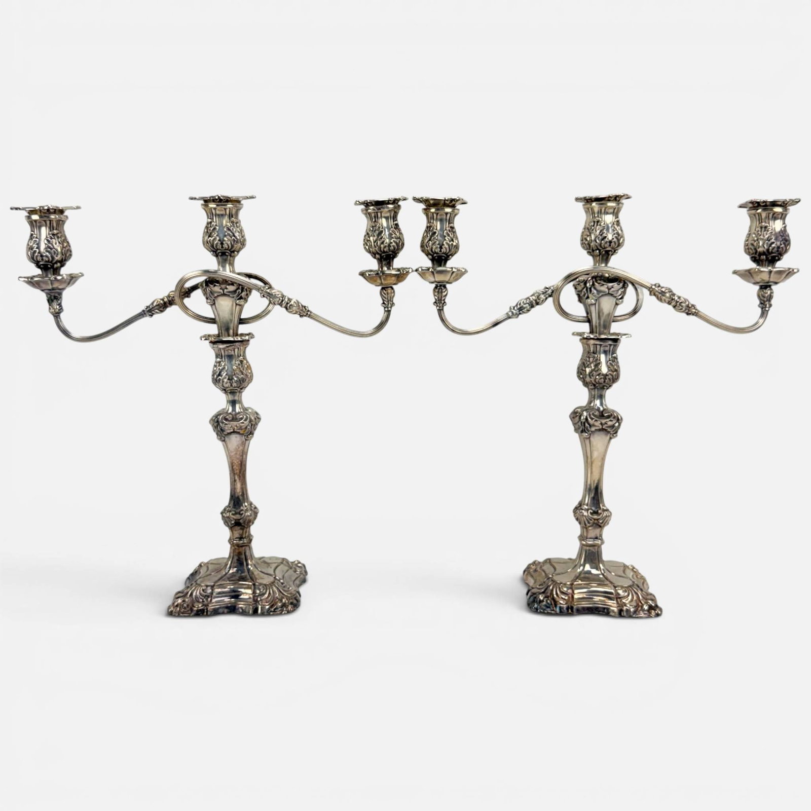 Pair Antique Sheffield Silver Plate Rococo Three-Light Candelabras Candlesticks (1 of 15)