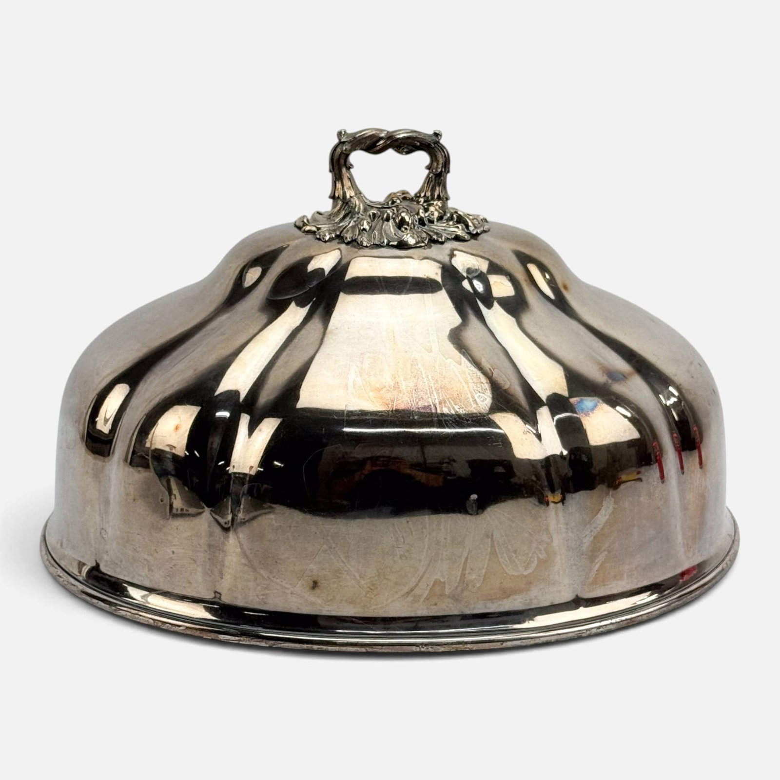 Antique Sheffield Heraldic Silver Plate Meat Dome Meat Cloche w/Fluted Sides: Ca. first half 20thC. Very good condition with no major dents, dings, cracks or seam splits. For shipping, we highly recommend Donald Camden at UPS Store 4608. Alternatively, reach out to one of our