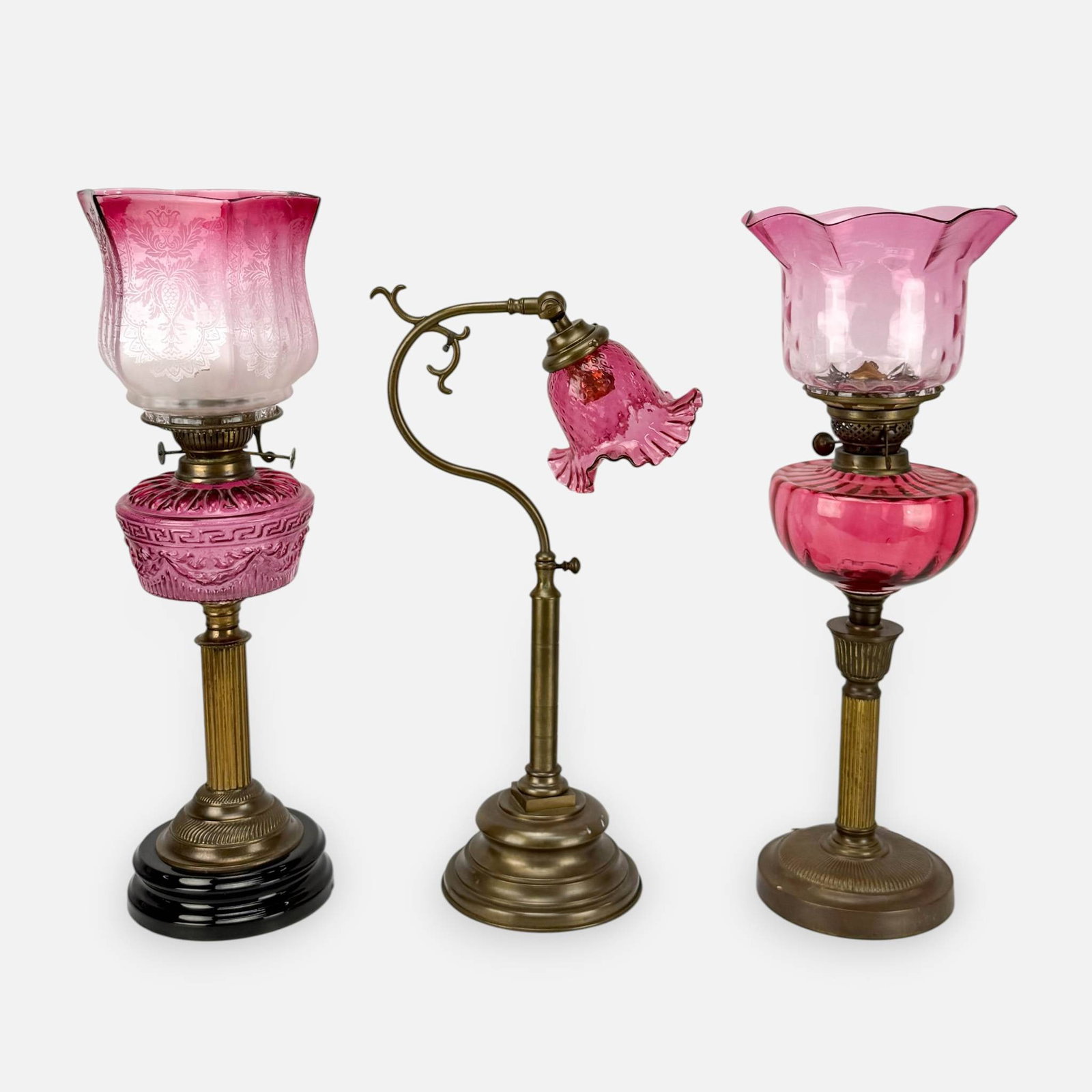 Three Antique Cranberry Art Glass and Brass Converted Oil and Desk Lamps (1 of 7)