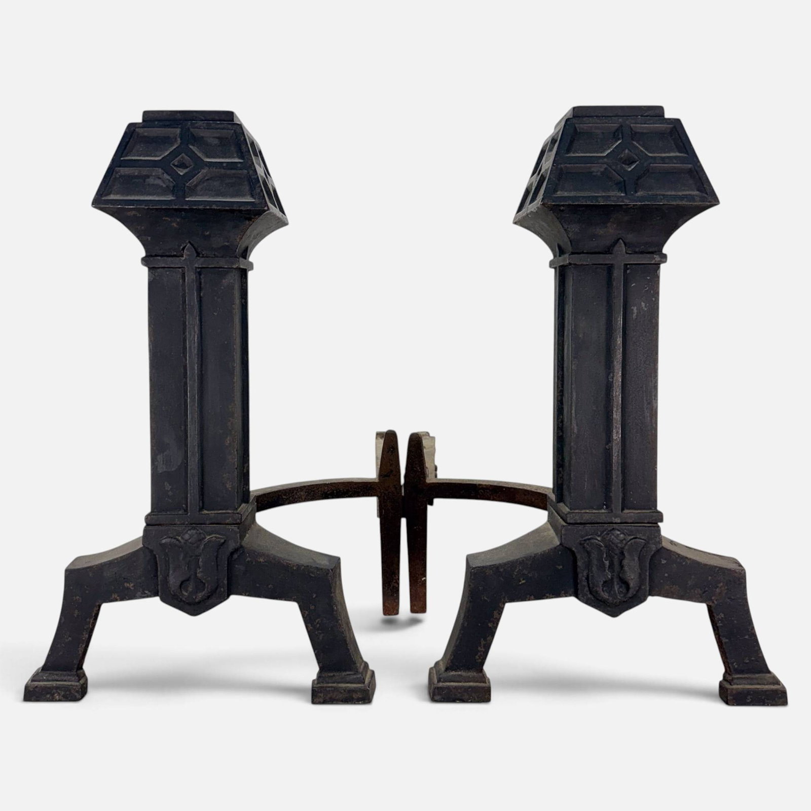 Pair Arts and Crafts Cast Iron Mission Style Heavy and Solid Andirons: Good age-appropriate condition. For shipping, we highly recommend Donald Camden at UPS Store 4608. Alternatively, reach out to one of our preferred shippers listed at the link below or elect for