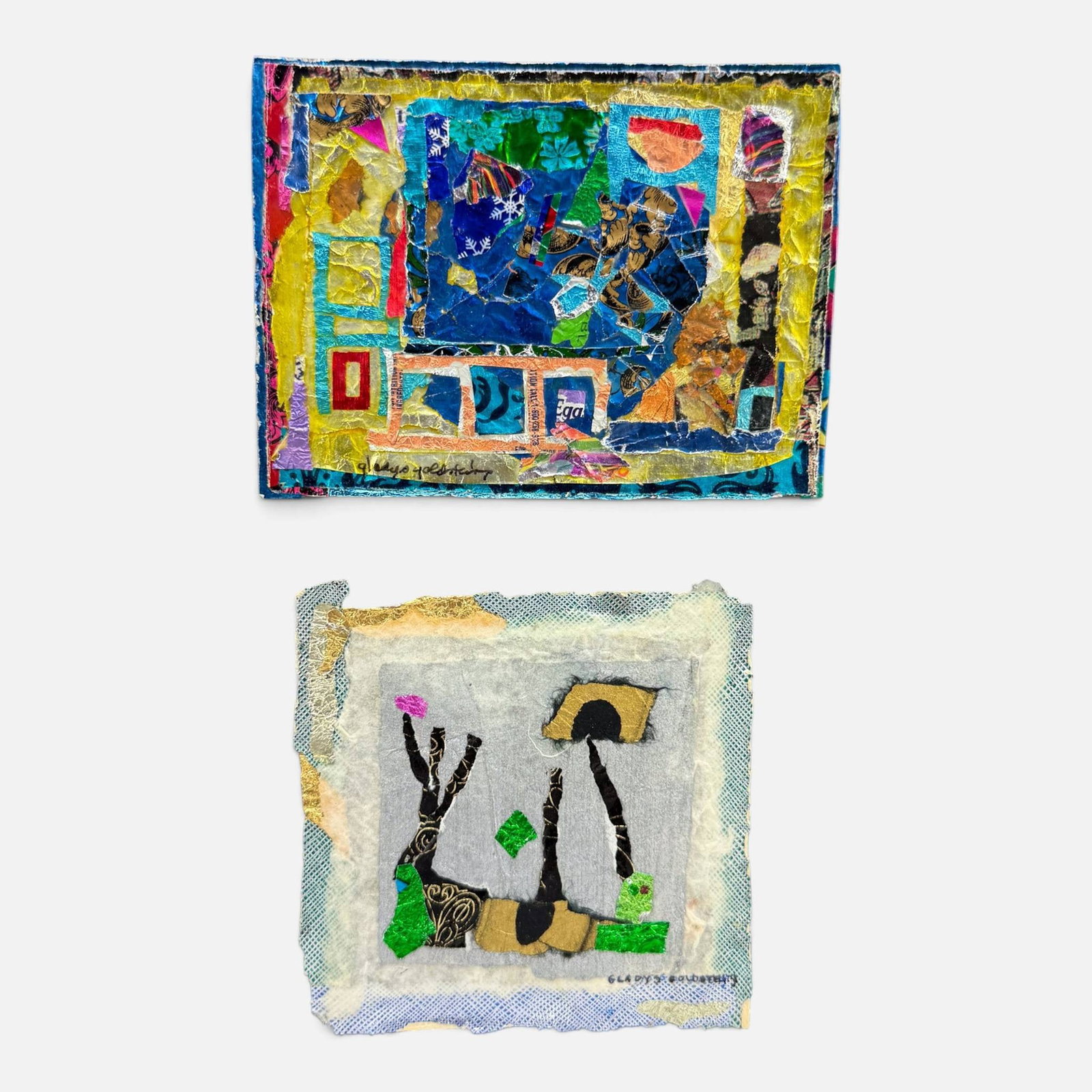 Collection of 85+ Gladys Goldstein Candy Wrapper Mixed Media Works: Largest work measures approx. 9 1/2" x 7 3/4". For shipping, we highly recommend Donald Camden at UPS Store 4608. Alternatively, reach out to one of our preferred shippers listed at the link below or
