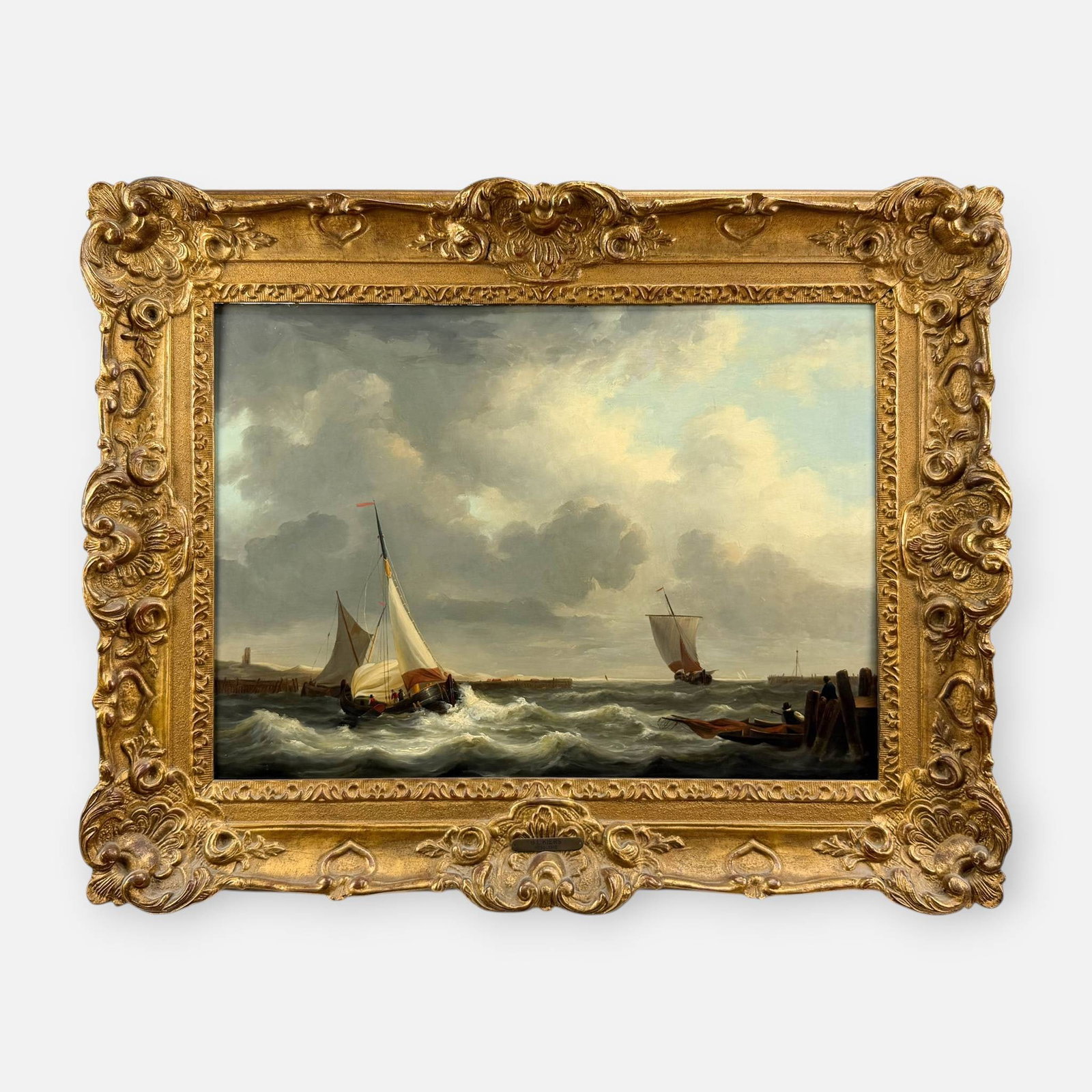 George Laurens Kiers Nautical Seascape Oil on Board Painting: George Laurens Kiers (Dutch, 1838-1916), oil on board. Apparently unsigned. Very good, with shown craquelure, with restoration and a slightly warped board. Approx. board size 16 3/4" x 22 3/4". For sh