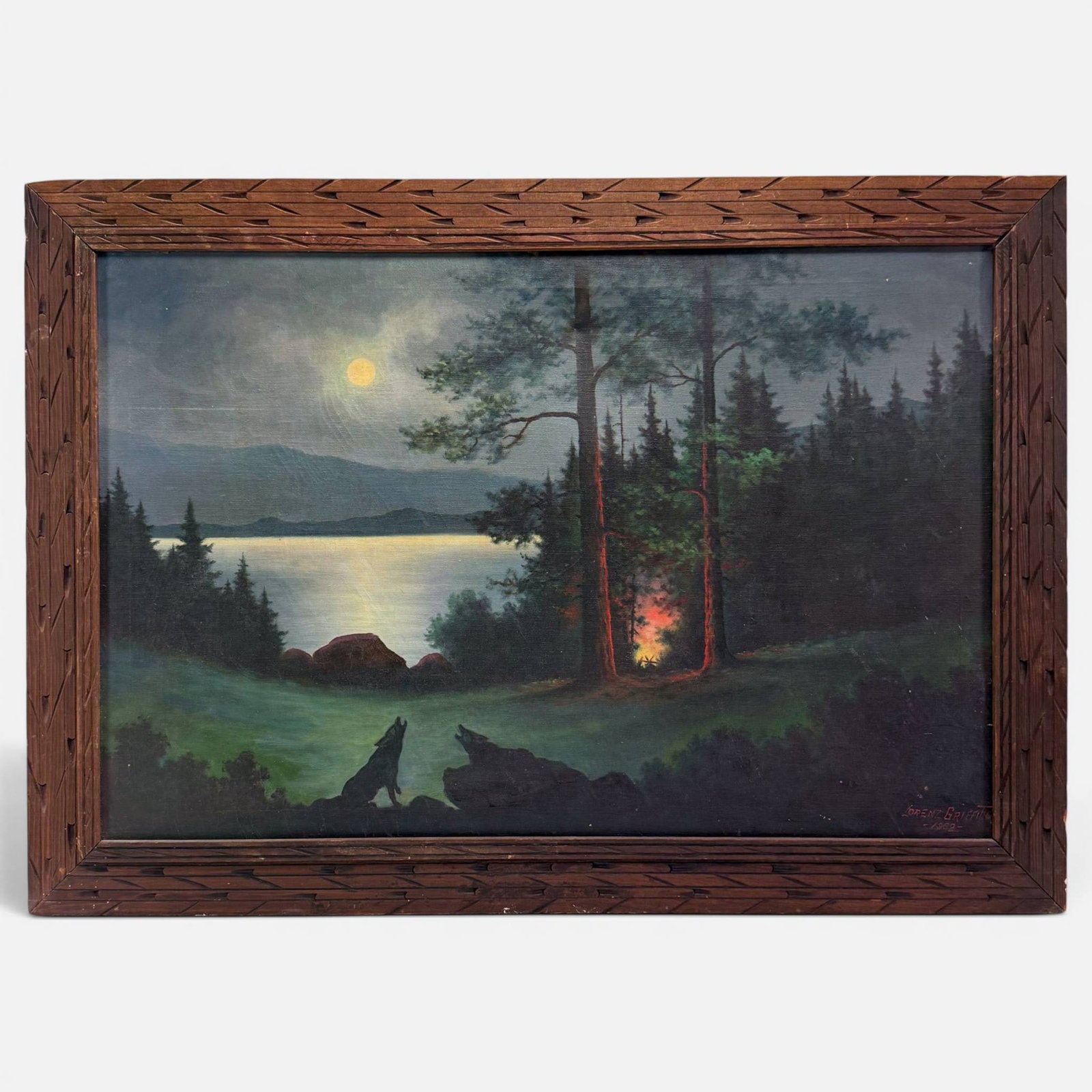 Lorenz E. Griffith 1962 Oil on Canvas Landscape Painting w/Wolves Howling at the Moon: Lorenz E. Griffith (American, 1889-1968), oil on canvas. Signed and dated lower right. Approx. canvas size 24" x 36". For shipping, we highly recommend Donald Camden at UPS Store 4608. Alternatively,