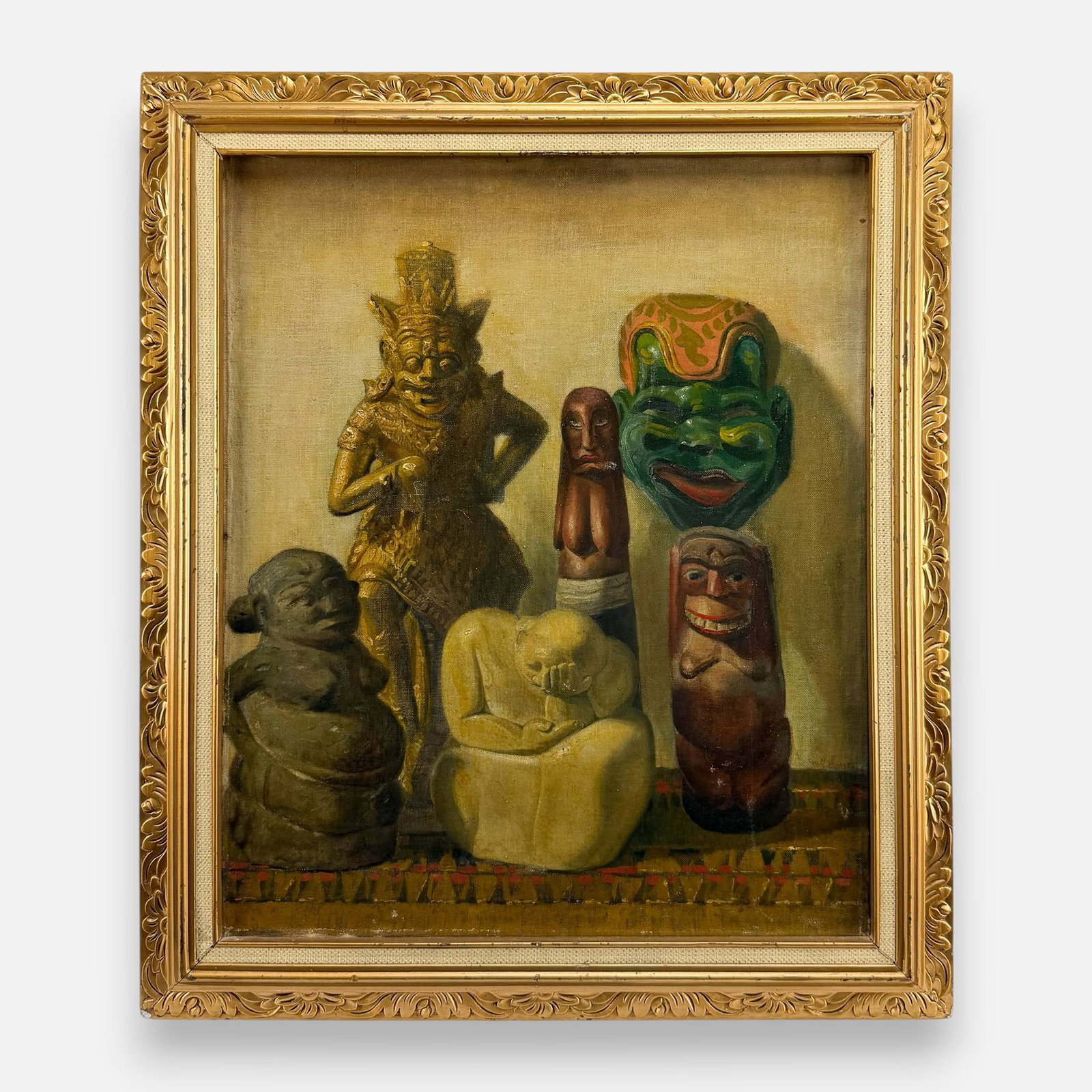Artist Signed 1956 MCM Tribal Artifacts Still Life Oil on Canvas Painting: Unintelligibly signed and dated 1956 lower right. Approx. stretcher size 20" x 16 3/4". For shipping, we highly recommend Donald Camden at UPS Store 4608. Alternatively, reach out to one of our