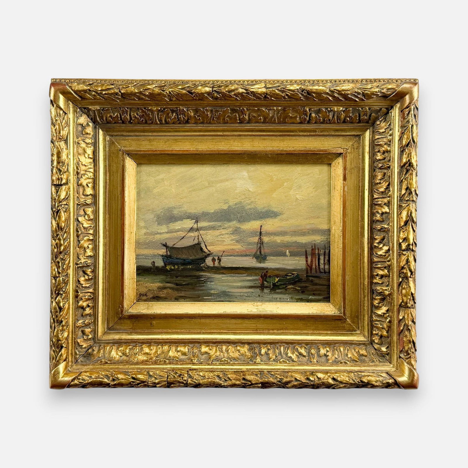 Charles Leduc Maritime Coastal Scene Oil on Board Painting: Charles Leduc (French, 1831-1911), oil on board. Signed lower left. Good age-appropriate condition. Approx. board size 6 1/4" x 8 3/4". For shipping, we highly recommend Donald Camden at UPS Store 460