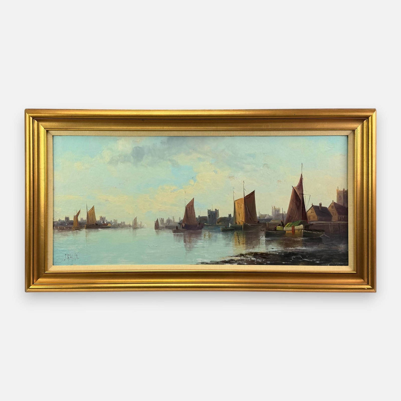 John Edward Bale Maritime Port Scene Oil on Board Painting: John Edward Bale (American, 1834-1913), oil on board. Signed "J. Bale. E." lower left as shown. Approx. sight size 13 3/4" x 32". For shipping, we highly recommend Donald Camden at UPS Store 4608. Alt