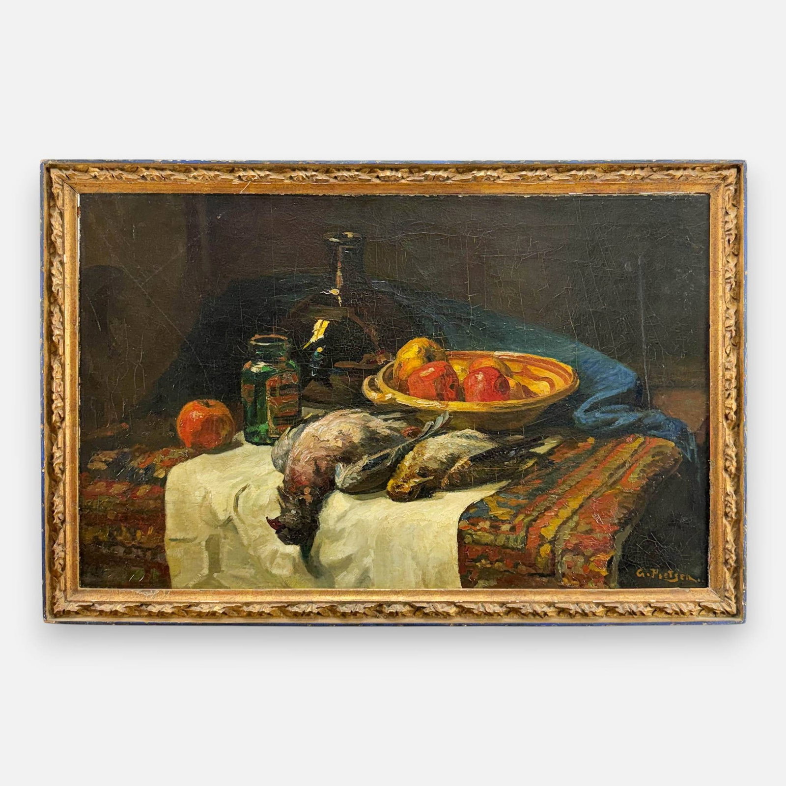Artist Signed Antique Still Life Oil on Canvas Baroque Painting: Ca. late 18th to first half 19thC. Carved giltwood frame same time period. Signed lower right. Good age-appropriate condition, with shown craquelure. Approx. stretcher size 24 3/4" x 39". For shipping