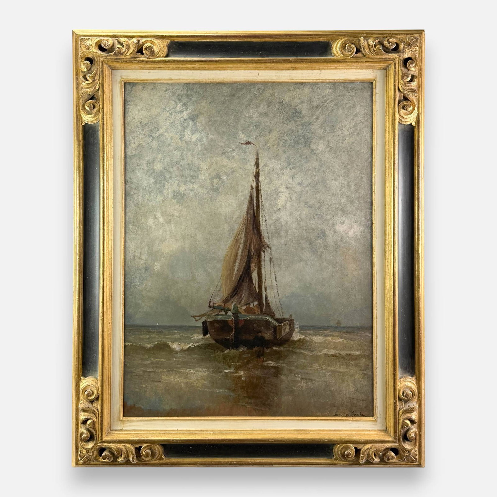 German Grobe "Fisherman's Buoy in the Surf" Oil on Canvas Nautical Painting: Philipp German Grobe (German, 1857-1938), Fisherman's Buoy in the Surf, oil on canvas. Signed lower right. See sticker to verso. Approx. stretcher size 31" x 23". For shipping, we highly recommend