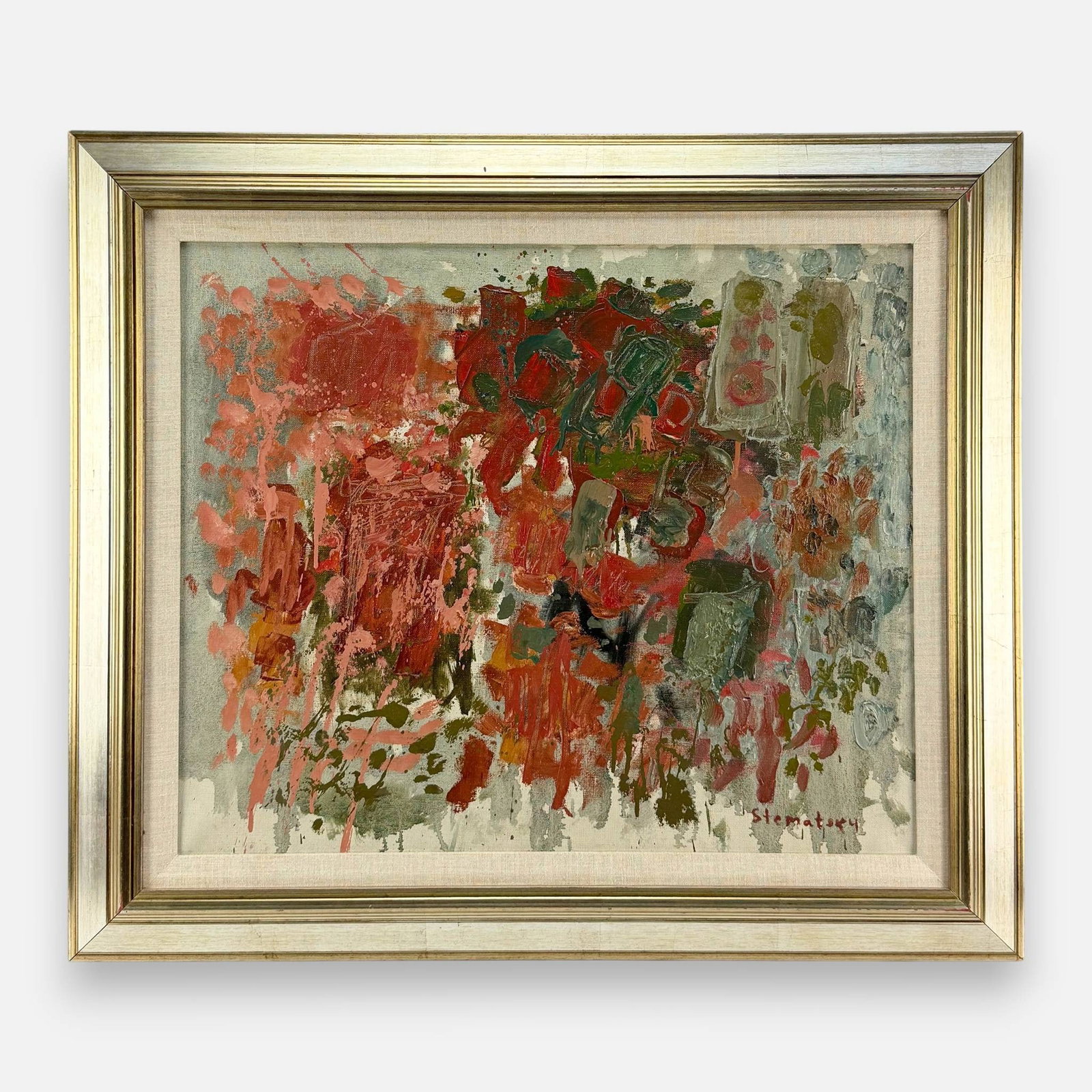 Avigdor Stematsky 1963 Oil on Canvas Painting: Avigdor Stematsky (Israeli, 1908-1989), 1963, oil on canvas. Signed lower right, signed again and dated '63 to verso. Approx. sight size 21 1/4" x 25 1/4". For shipping, we highly recommend Donald