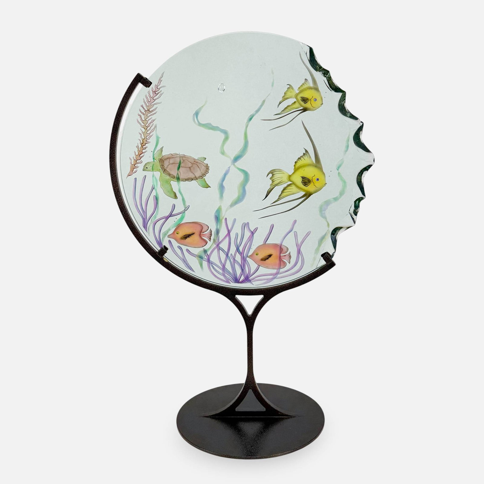 Signed Art Glass Fish Sculpture w/Iron Base: Good as shown, with some minor edge chips (see photos). Just glass portion measures approx. 20" x 19 1/4". For shipping, we highly recommend Donald Camden at UPS Store 4608. Alternatively, reach out t