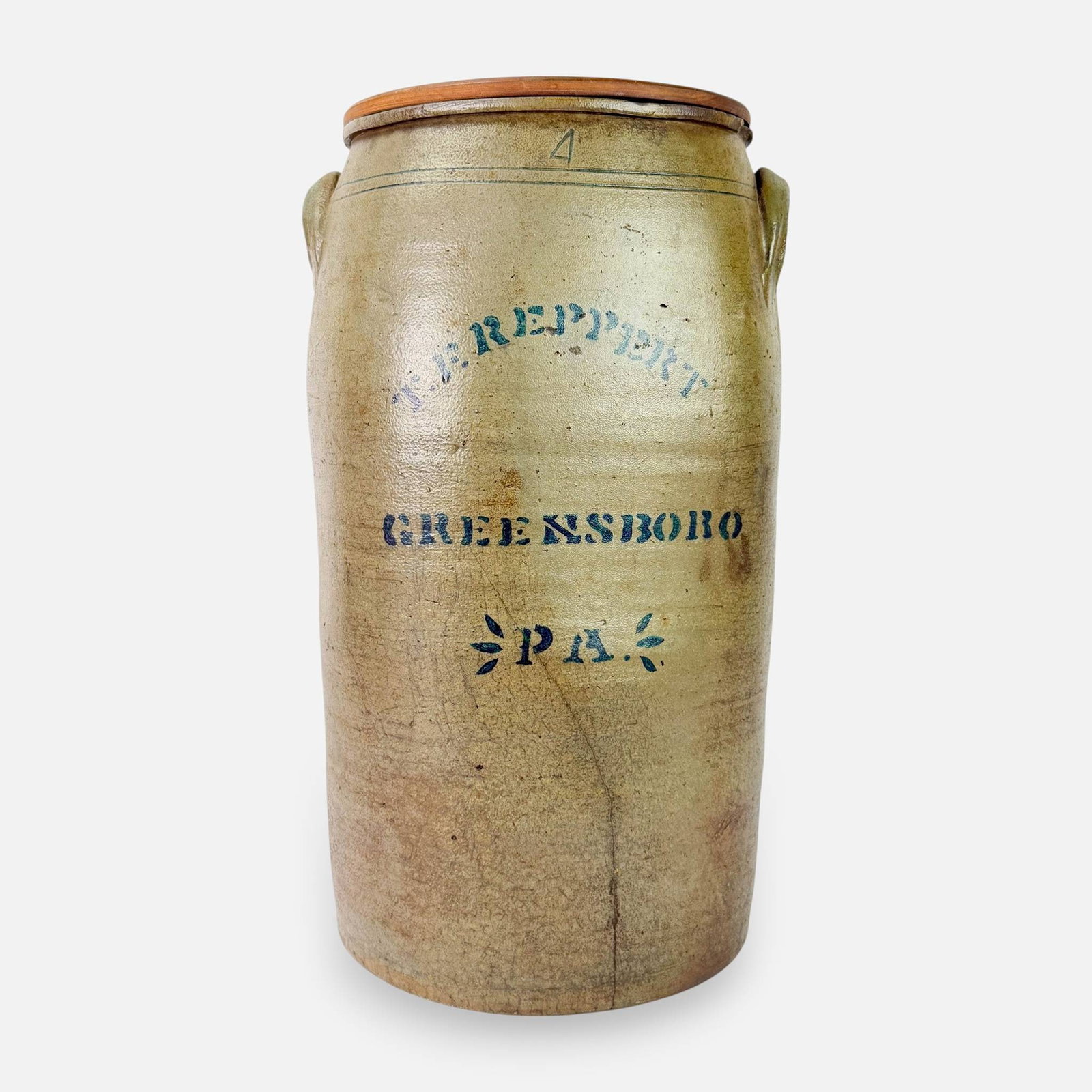 T.F. Reppert Greensboro, PA 4 Gallon Stoneware Butter Churn Crock w/Wood Lid: Ca. late 19thC. See large crack. For shipping, we highly recommend Donald Camden at UPS Store 4608. Alternatively, reach out to one of our preferred shippers listed at the link below or elect for
